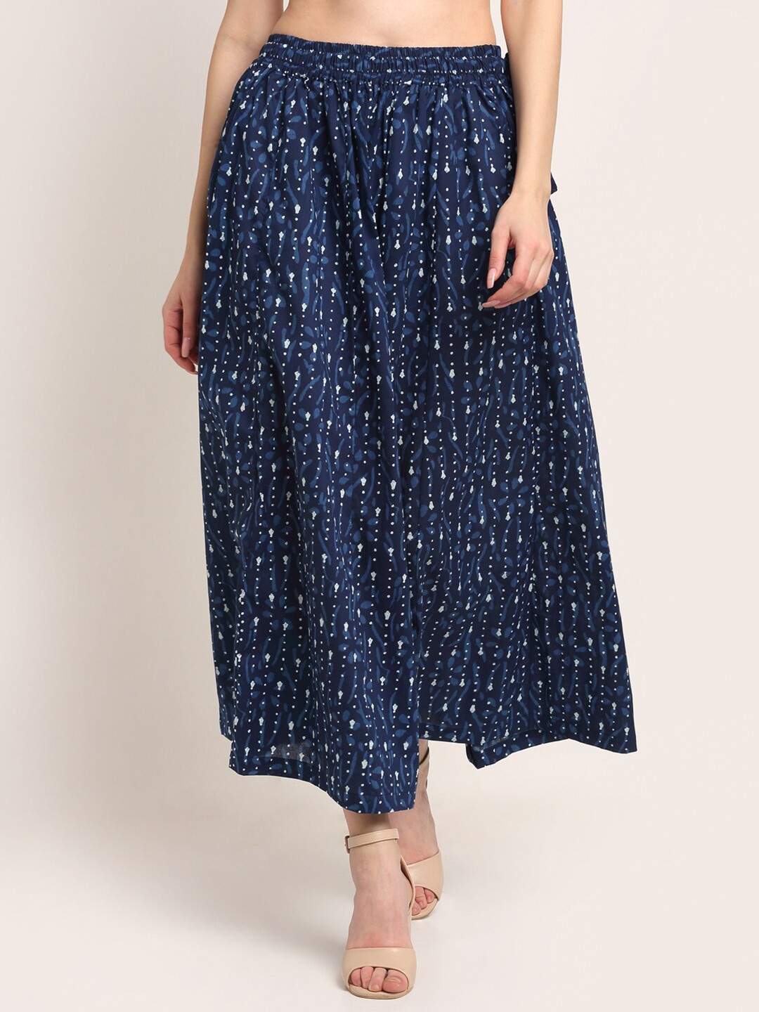 

TAG 7 Women Navy Blue & White Printed Flared Palazzos