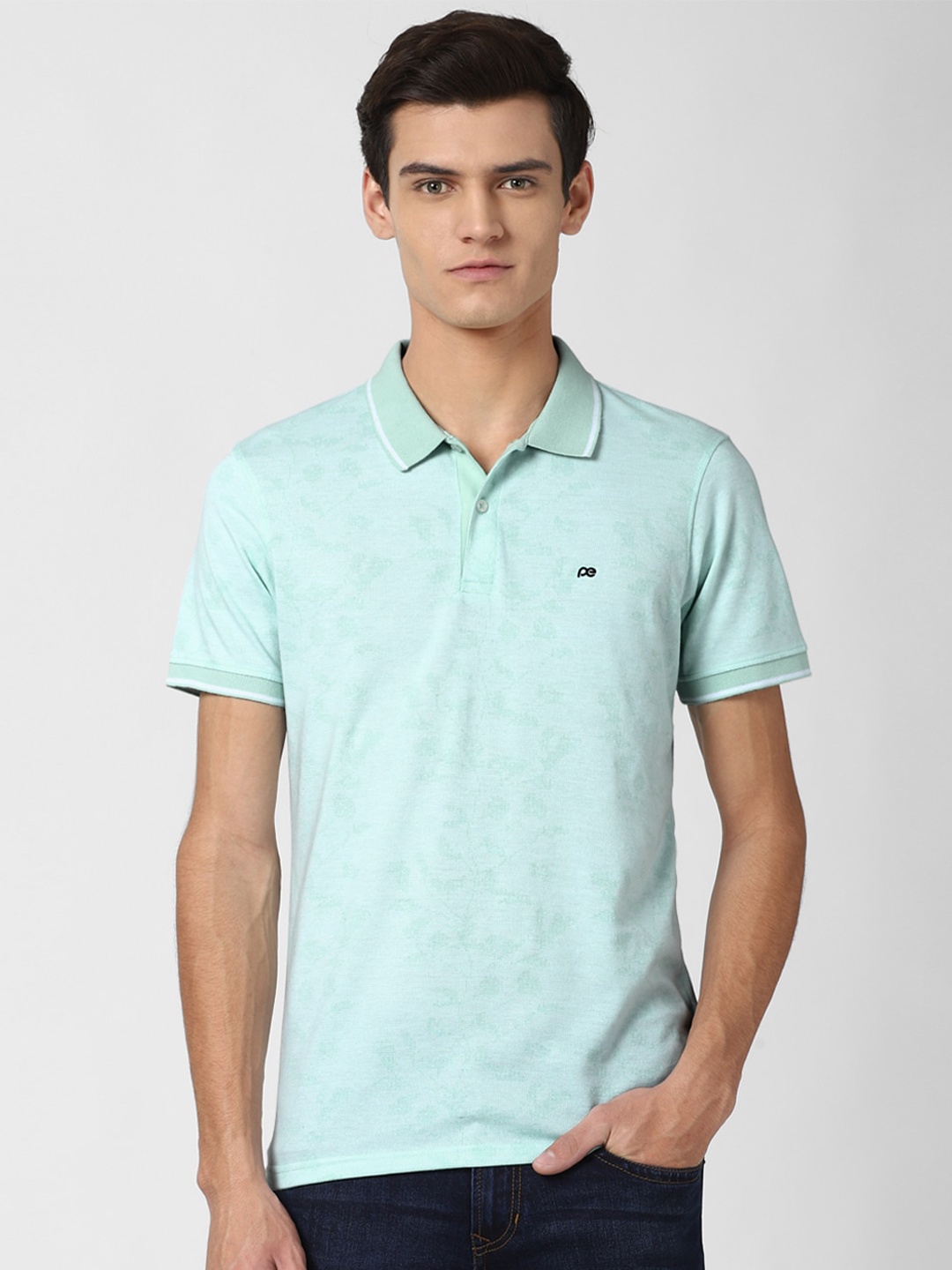 

Peter England Casuals Men Turquoise Blue Polo Collar Slim Fit T-shirt