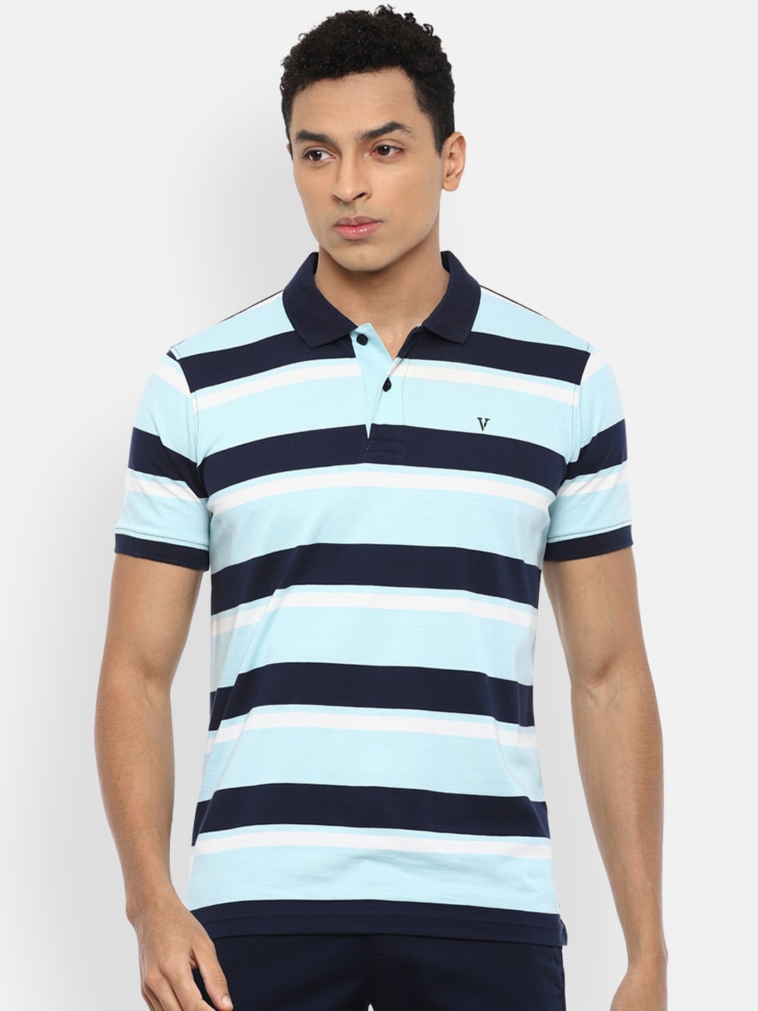 

Van Heusen Sport Men Green & Navy Blue Striped Polo Collar T-shirt