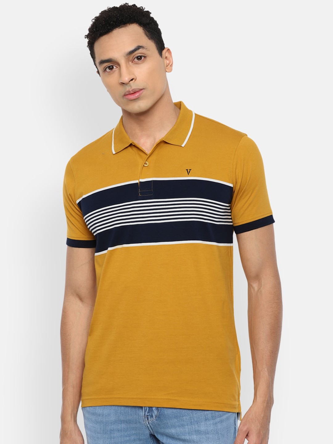 

Van Heusen Sport Men Yellow Striped Polo Collar Pure Cotton T-shirt