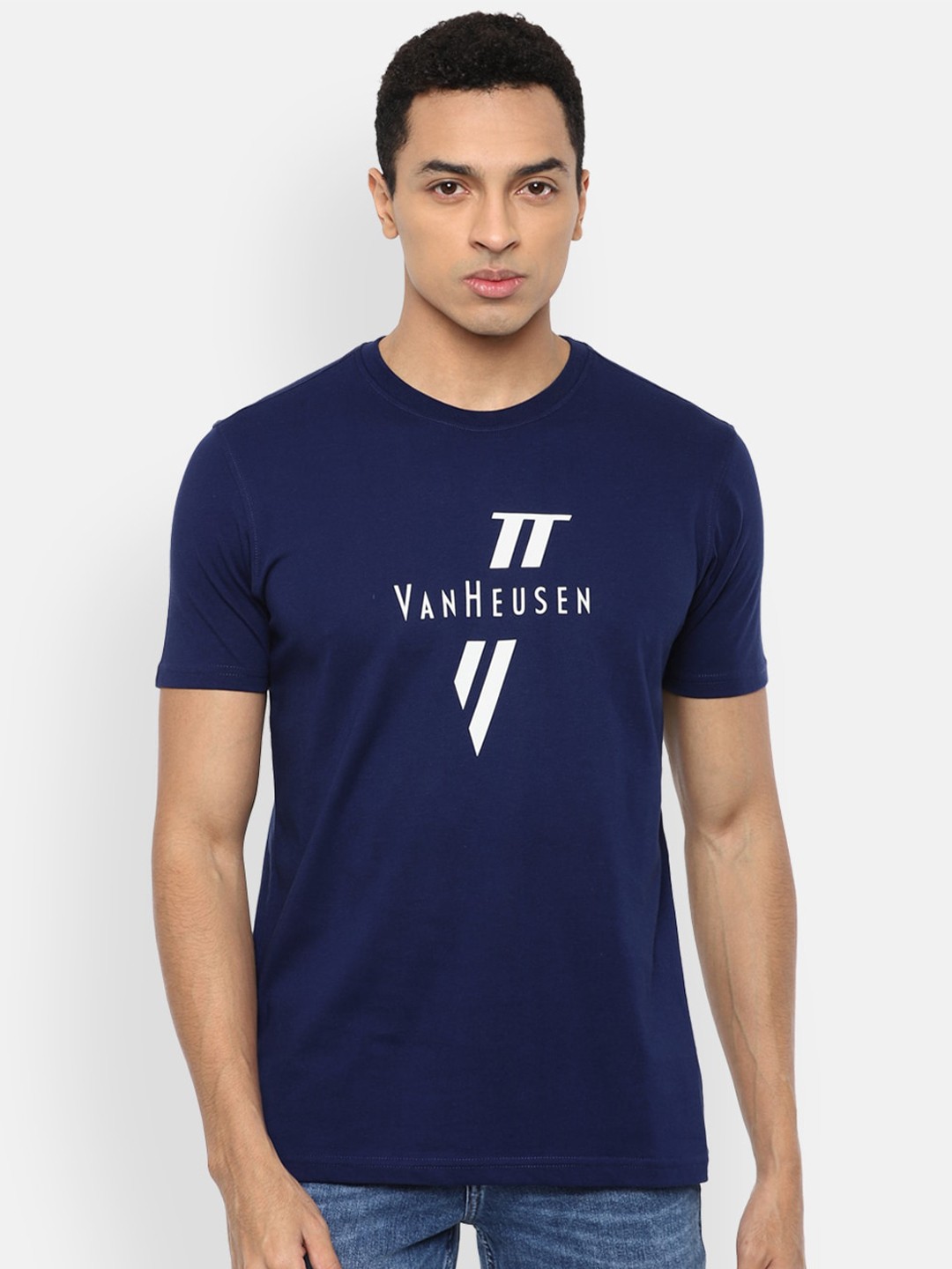 

Van Heusen Sport Men Navy Blue & White Brand Logo Printed Pure Cotton T-shirt