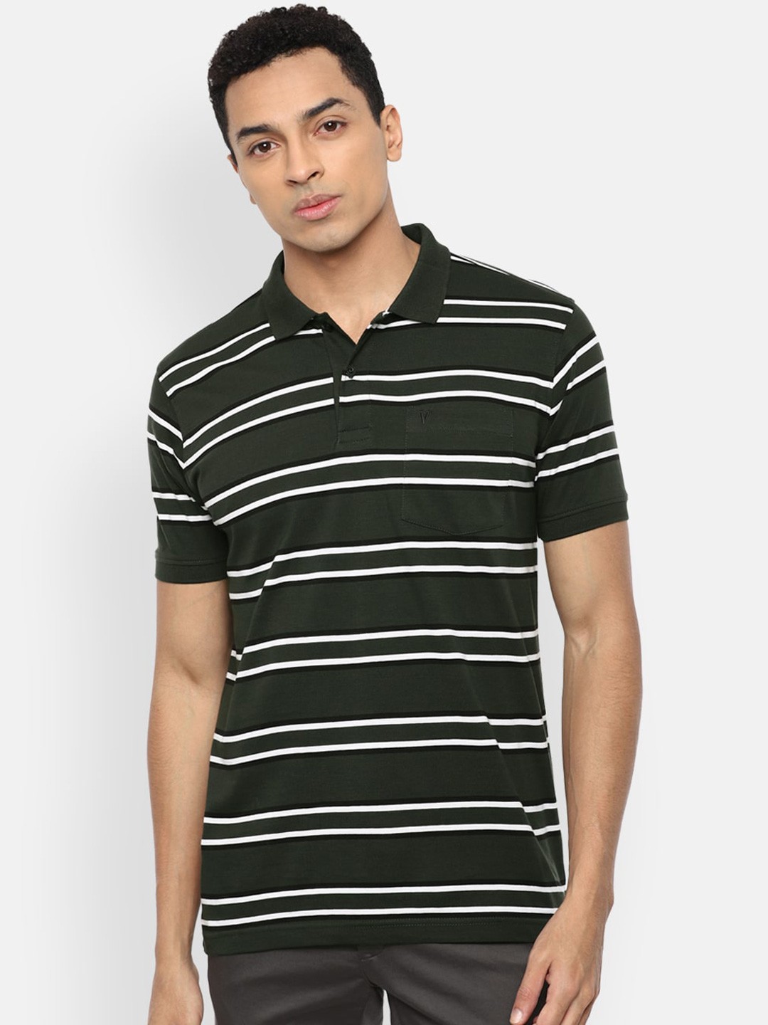 

Van Heusen Sport Men Olive Green & White Striped Polo Collar Cotton T-shirt