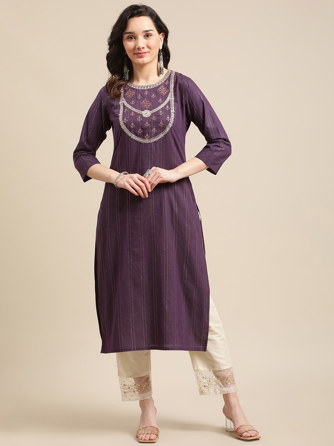 

KSUT Women Purple & Cream Coloured Yoke Embroidered Kurta with Trousers