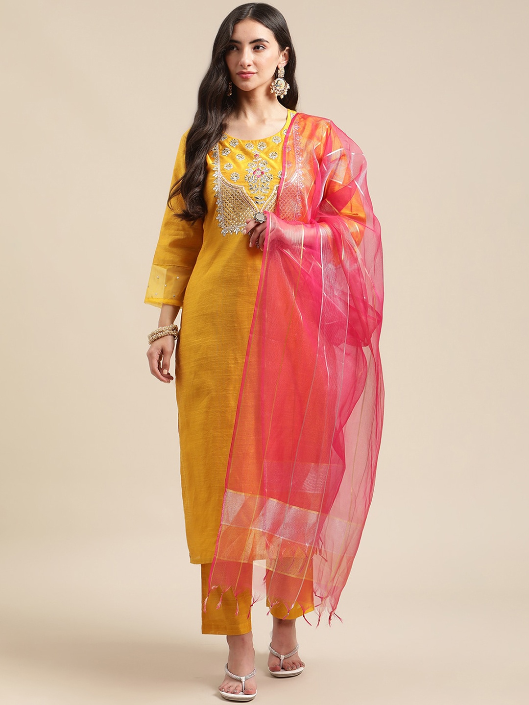 

KSUT Women Mustard Yellow Floral Embroidered Kurta with Trousers & With Dupatta