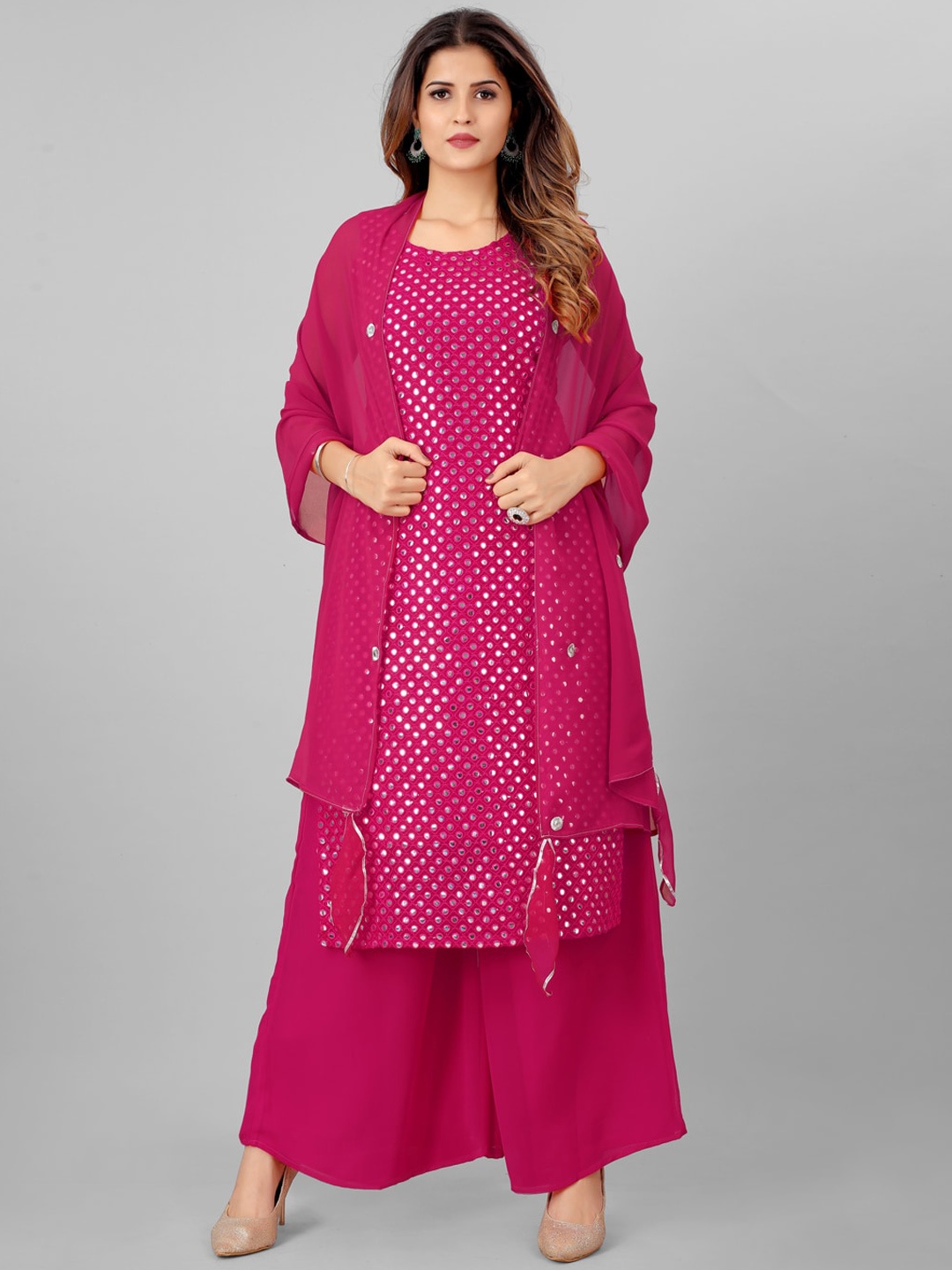 

SHOPGARB Women Pink Ethnic Motifs Embroidered Mirror Work Silk Georgette Kurta with Palazzos & With Dupatta