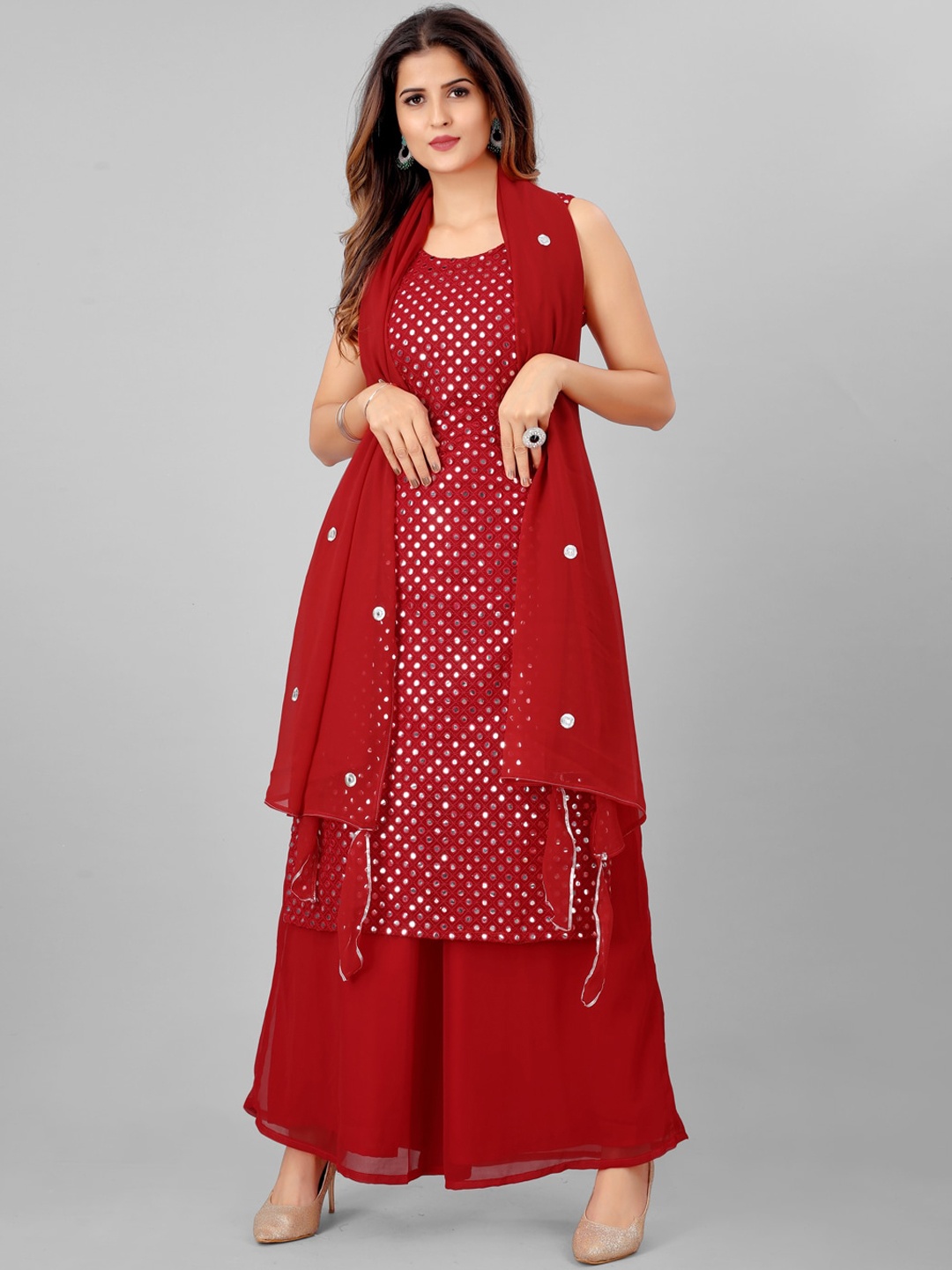

SHOPGARB Women Red Embellished Kurta with Palazzo & Dupatta