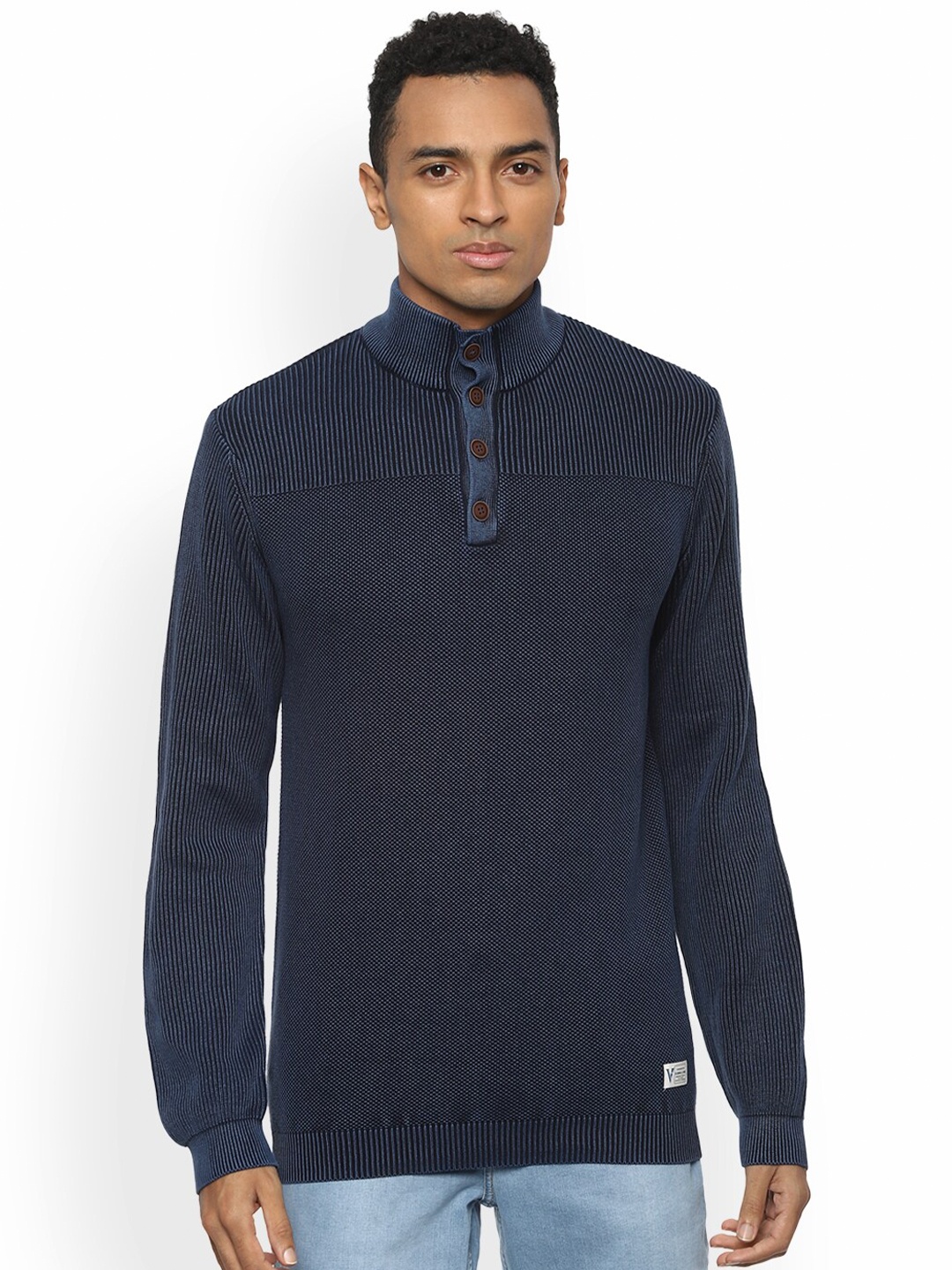 

VAN HEUSEN DENIM LABS Men Navy Blue Pure Cotton Pullover Sweater