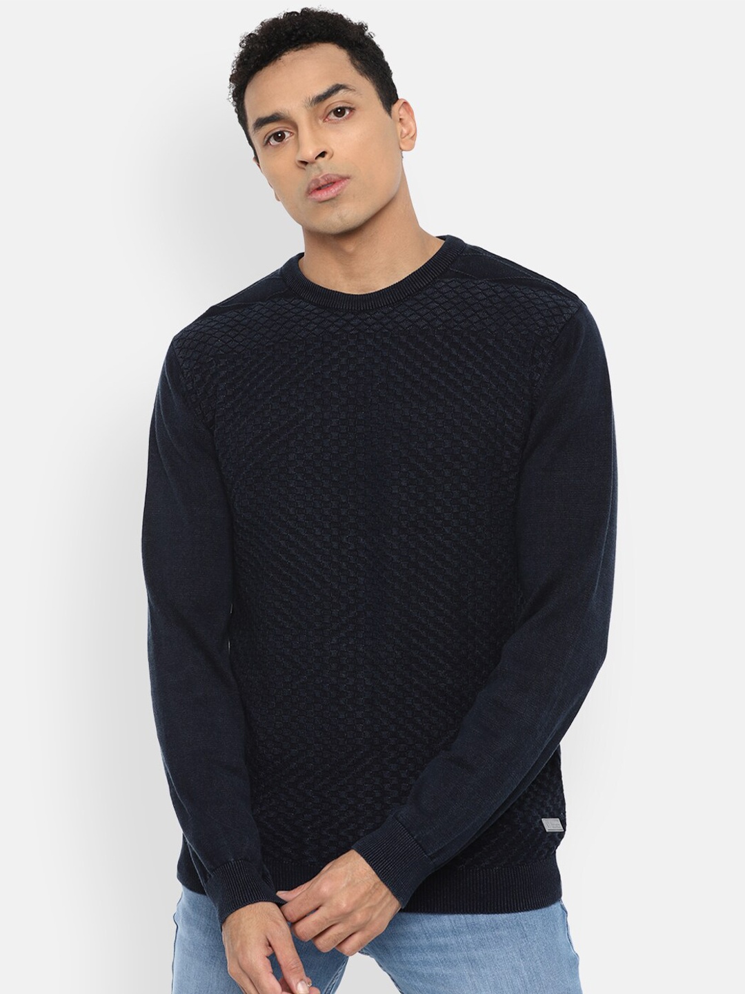 

VAN HEUSEN DENIM LABS Men Navy Blue Pure Cotton Pullover