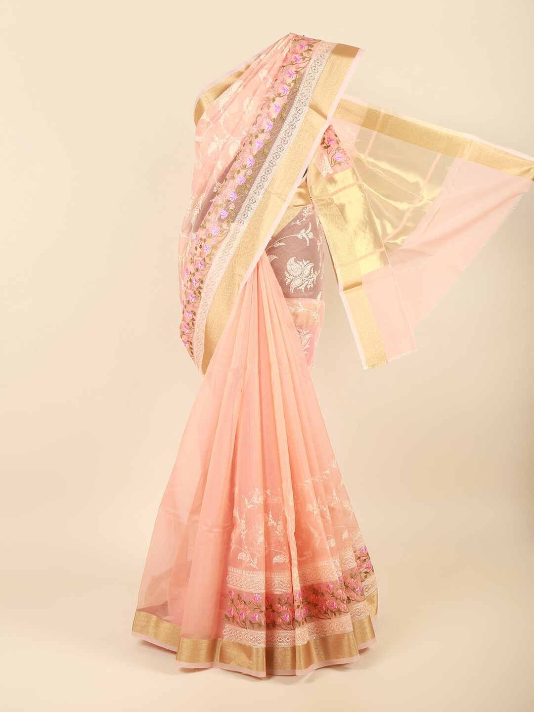 

Pothys Pink & Gold-Toned Floral Embroidered Saree