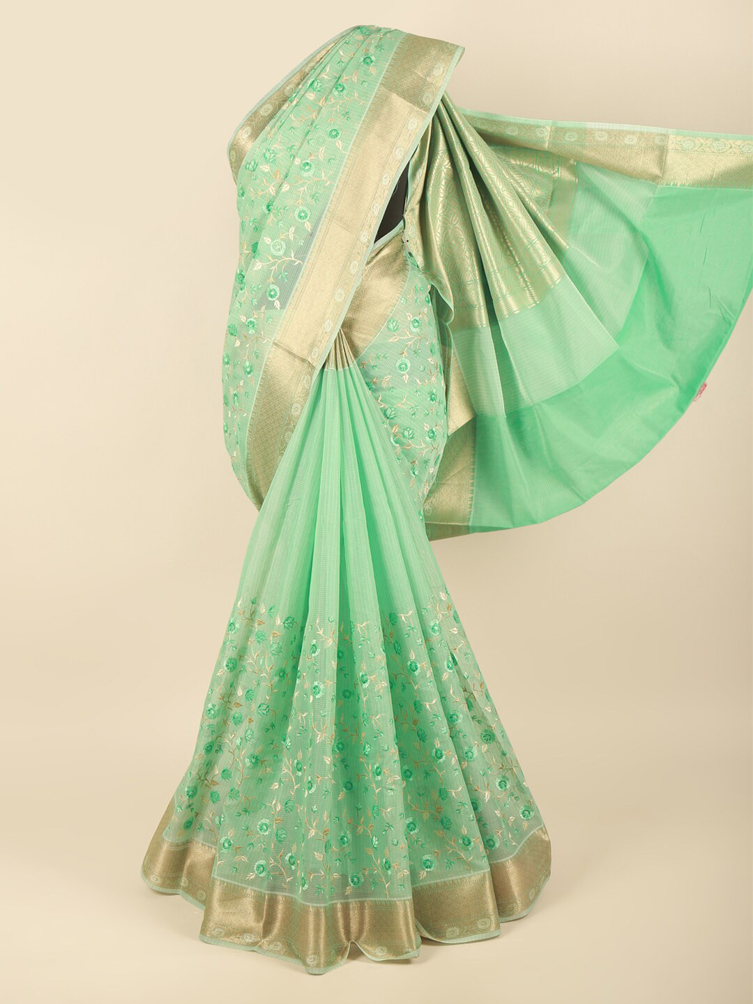 

Pothys Green & Gold-Toned Floral Embroidered Zari Saree