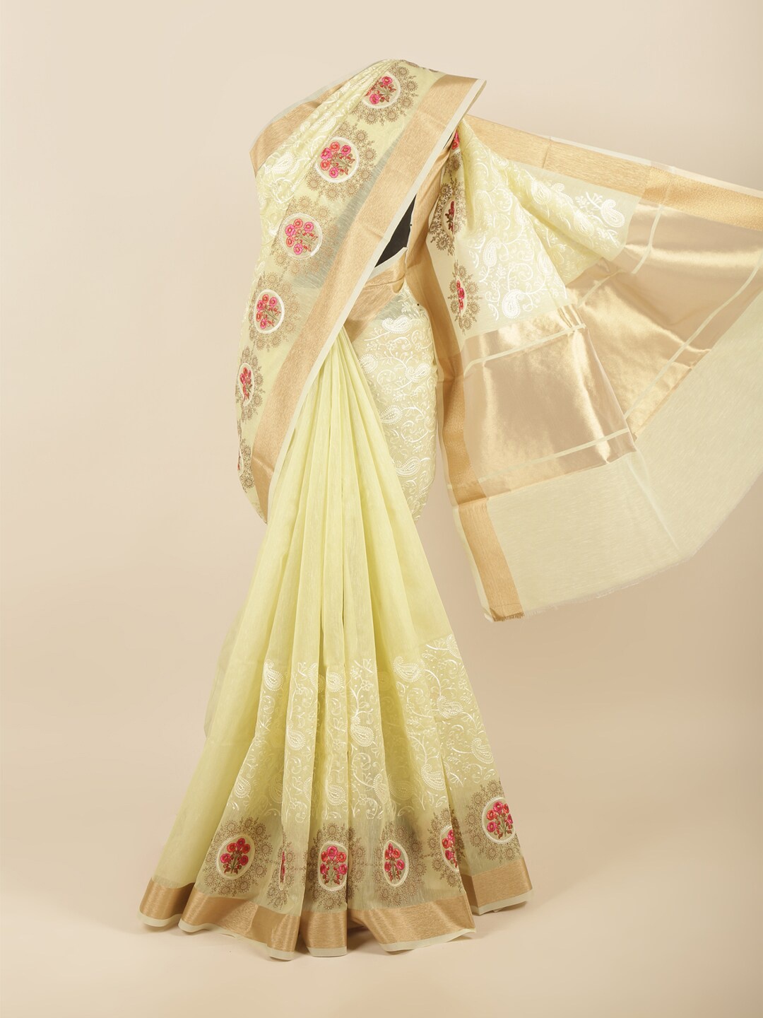 

Pothys Green & Gold-Toned Paisley Embroidered Saree