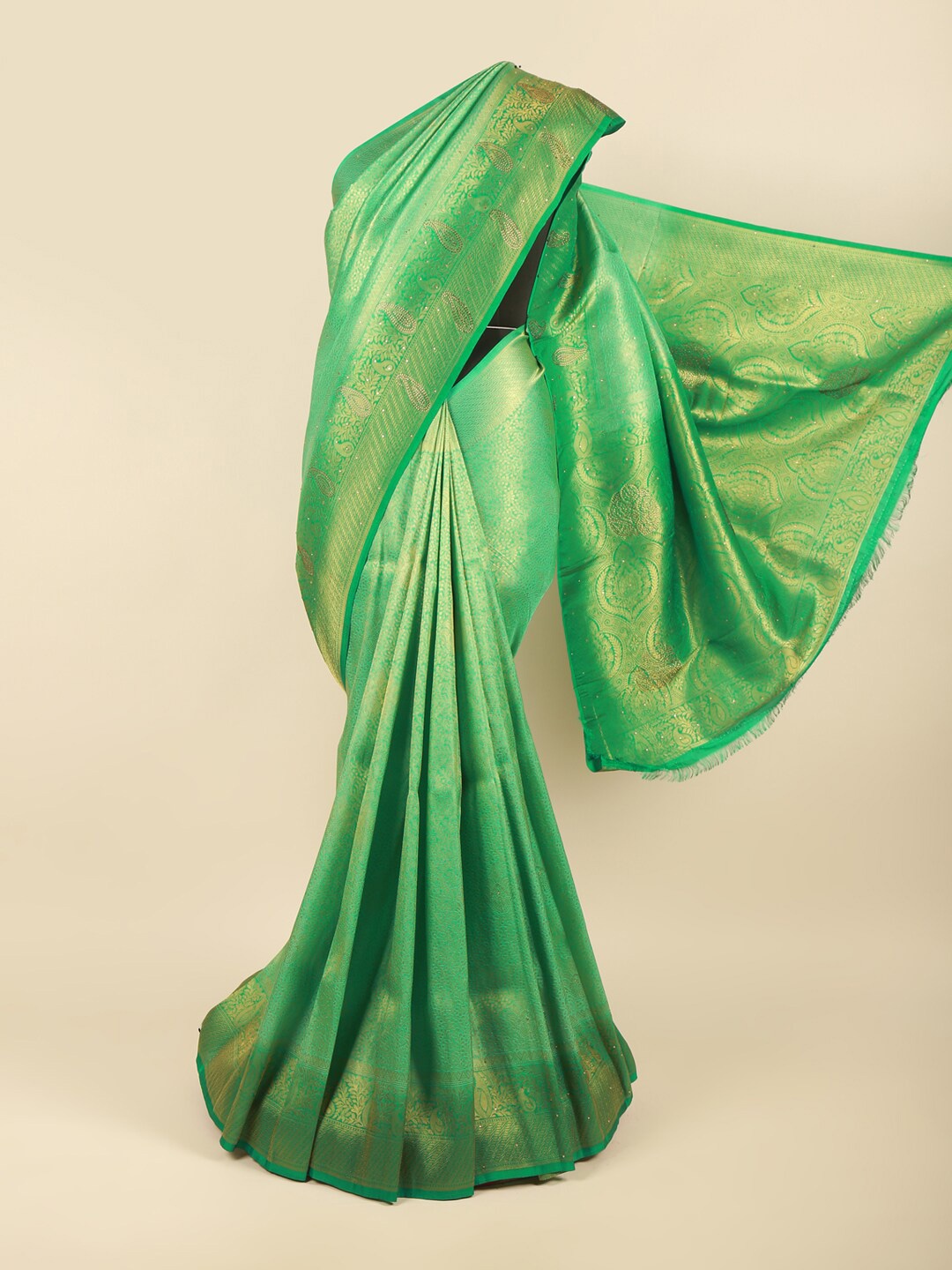 

Pothys Green & Gold-Toned Paisley Zari Art Silk Saree