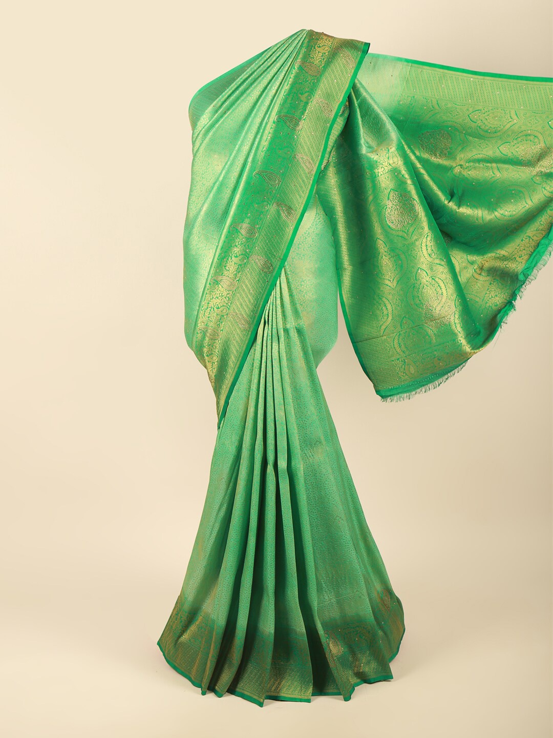 

Pothys Green & Gold-Toned Paisley Zari Art Silk Saree