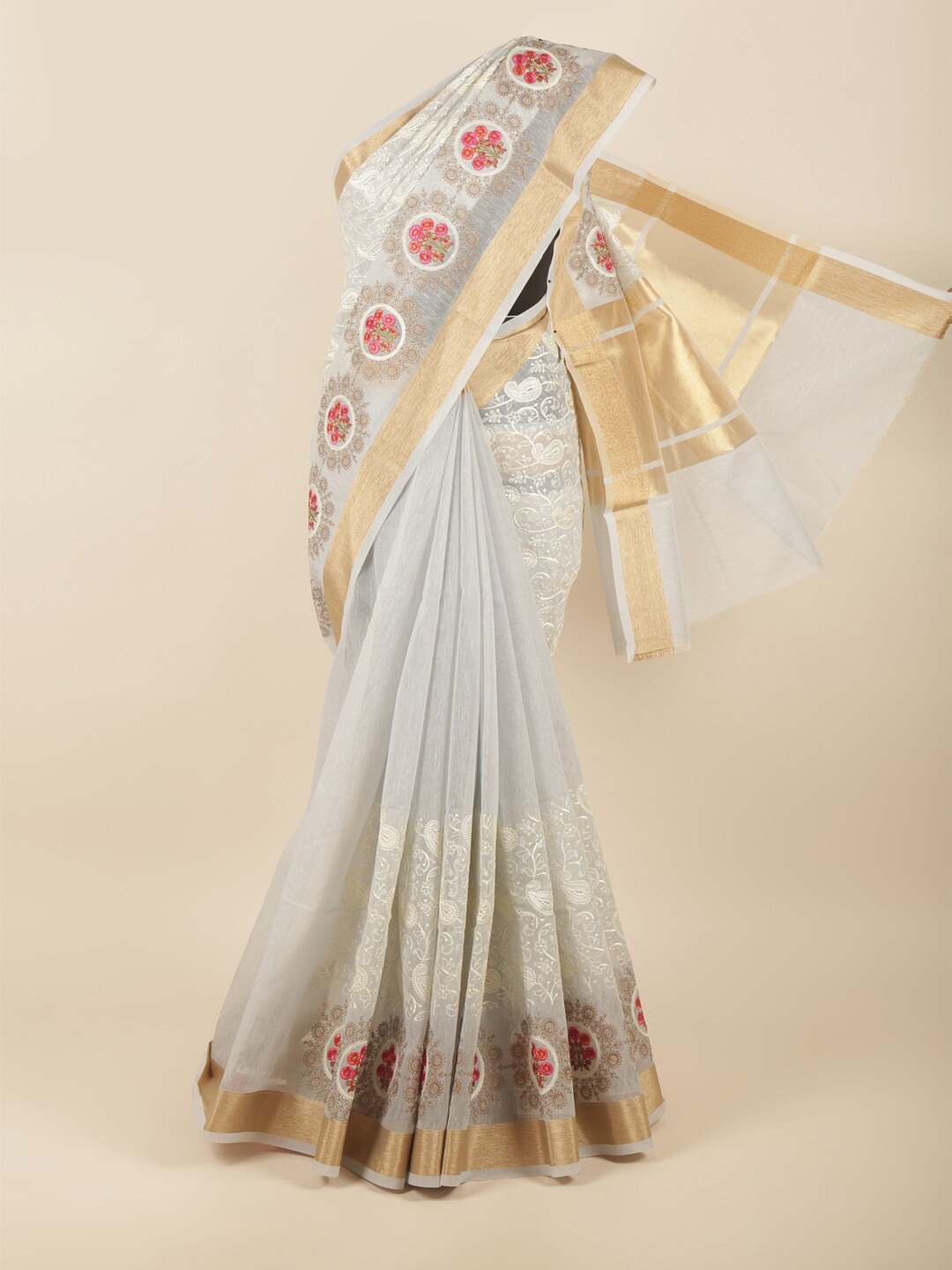 

Pothys Grey & White Floral Zari Saree
