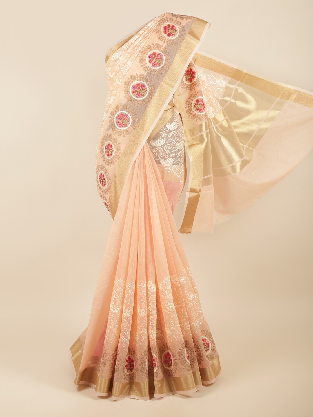 

Pothys Peach-Coloured & Red Floral Zari Saree