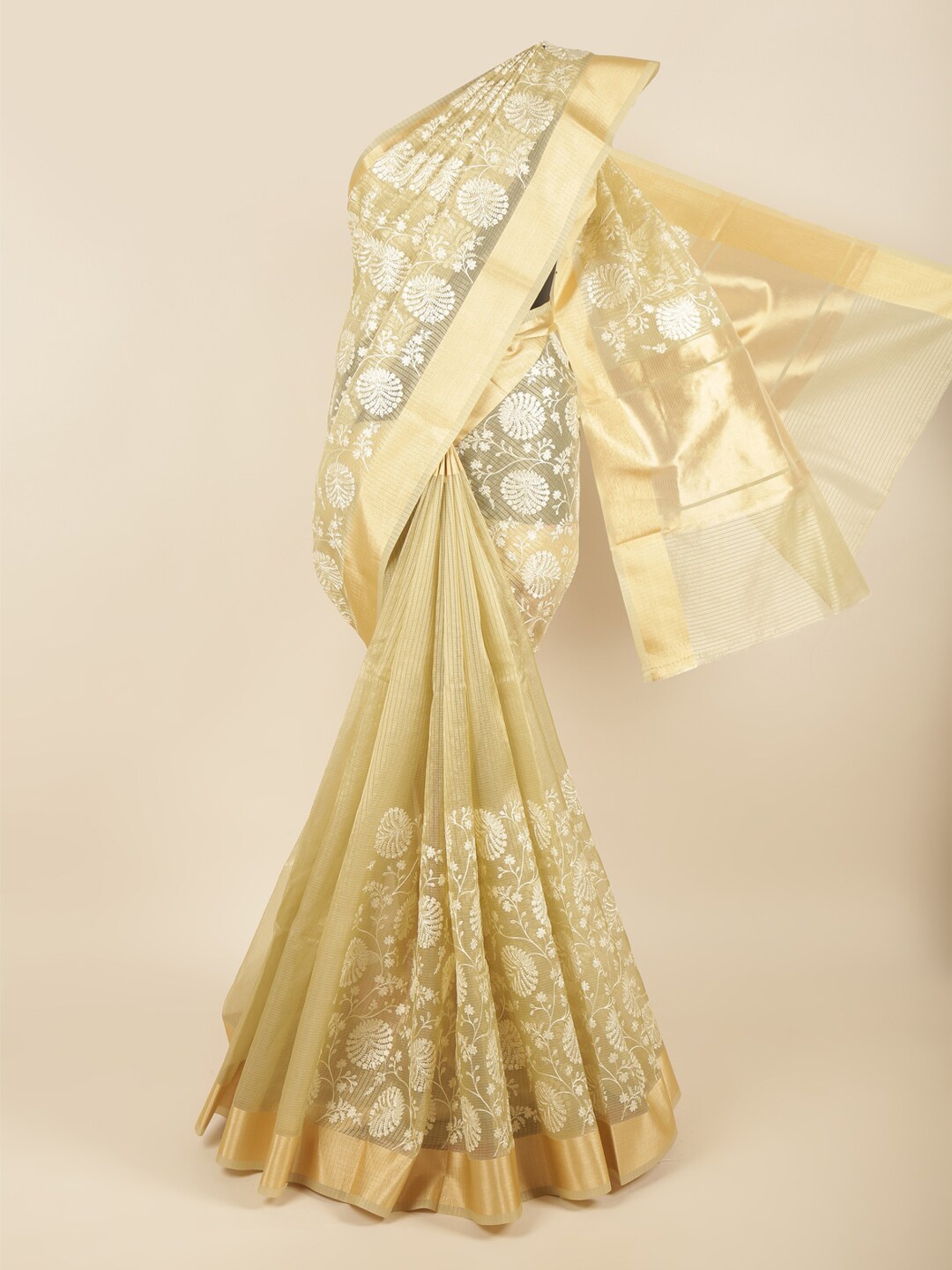 

Pothys Green & White Ethnic Motifs Zari Saree