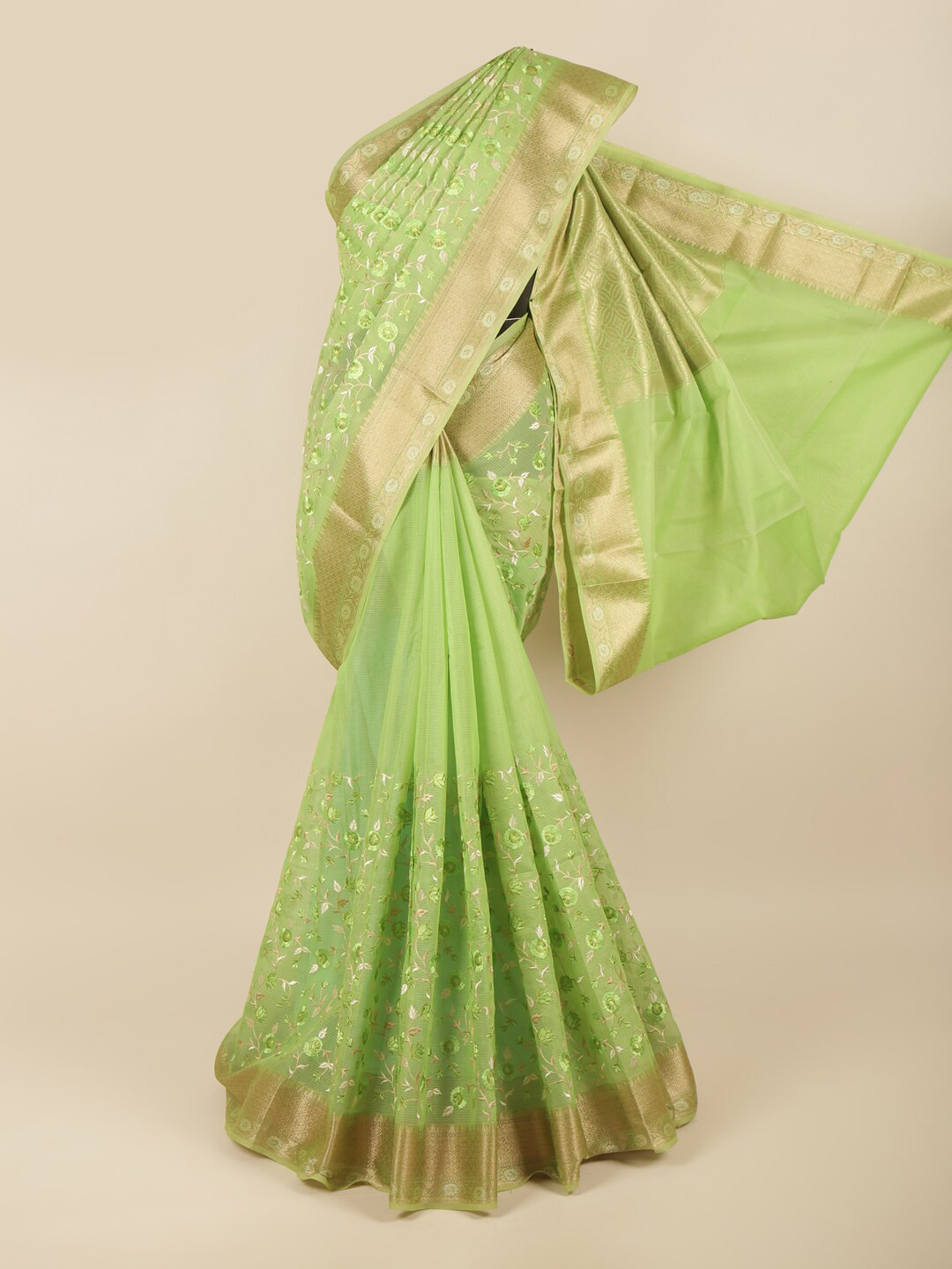 

Pothys Green & Gold-Toned Floral Zari Saree