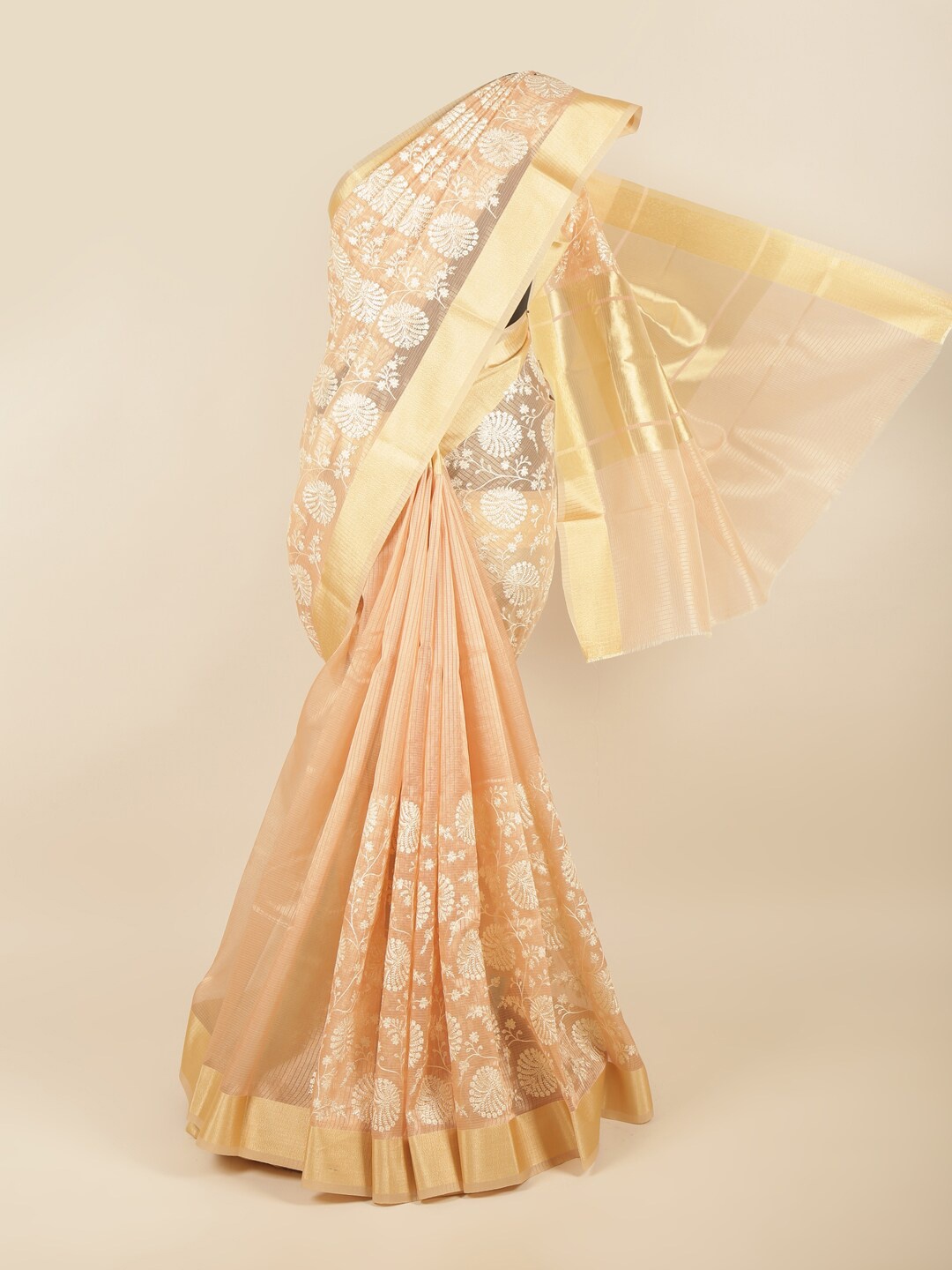 

Pothys Peach-Coloured & White Ethnic Motifs Zari Saree