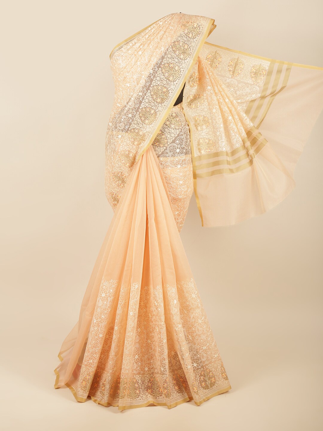

Pothys Peach-Coloured & White Ethnic Motifs Zari Saree