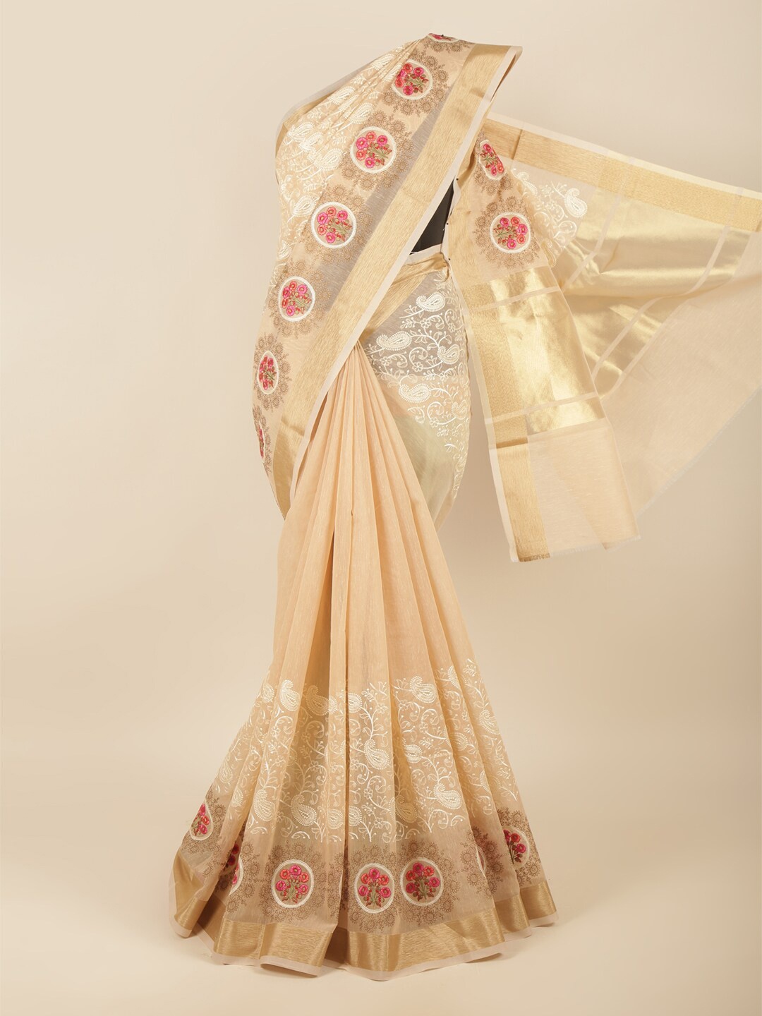 

Pothys Cream-Coloured & Magenta Floral Embroidered Zari Saree