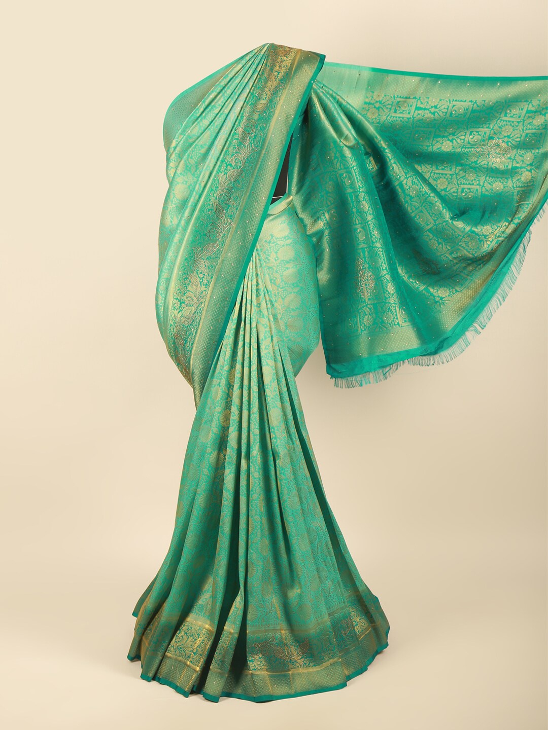 

Pothys Green & Gold-Toned Woven Design Zari Art Silk Saree