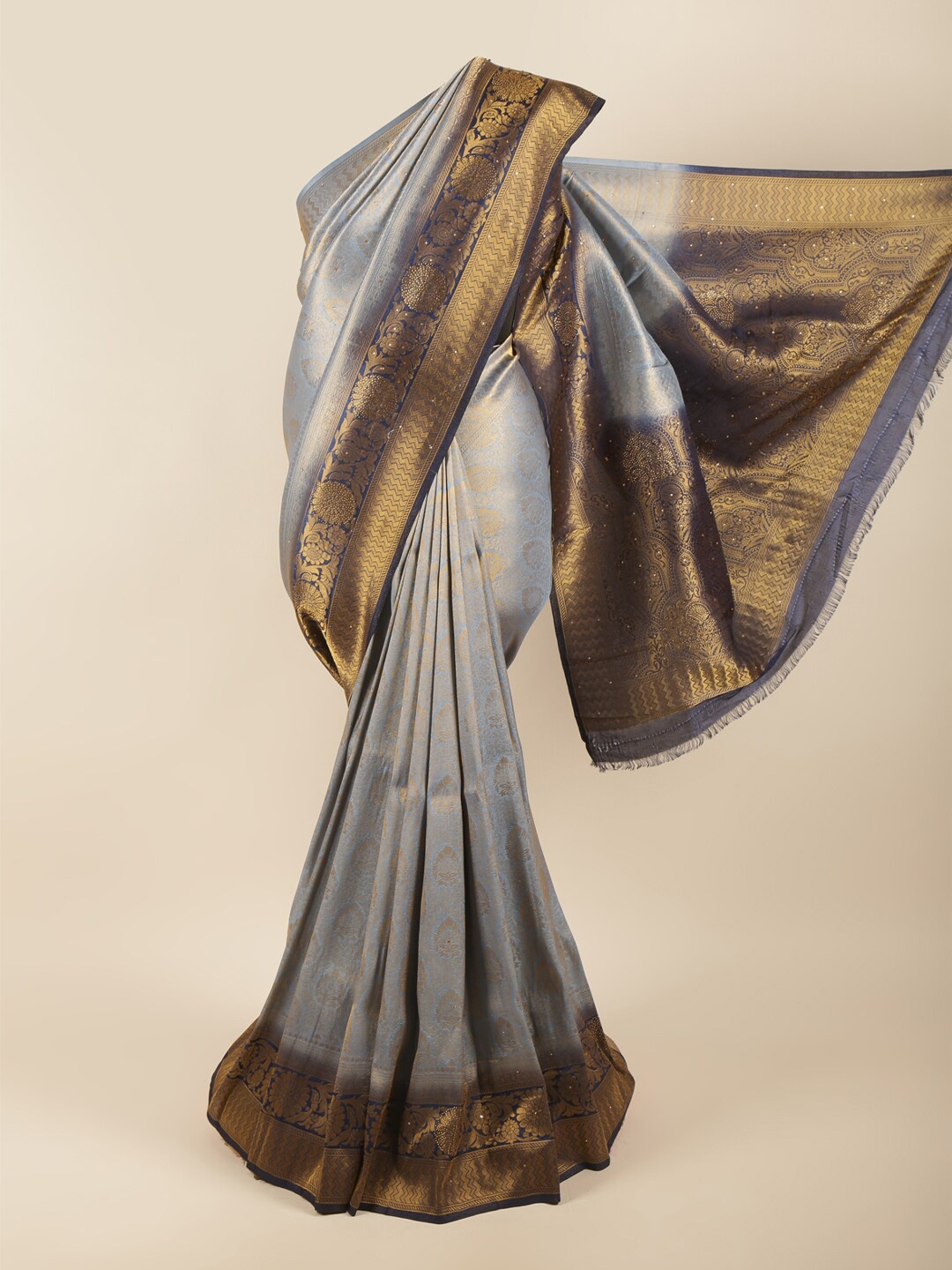 

Pothys Grey & Navy Blue Ethnic Motifs Beads and Stones Art Silk Saree