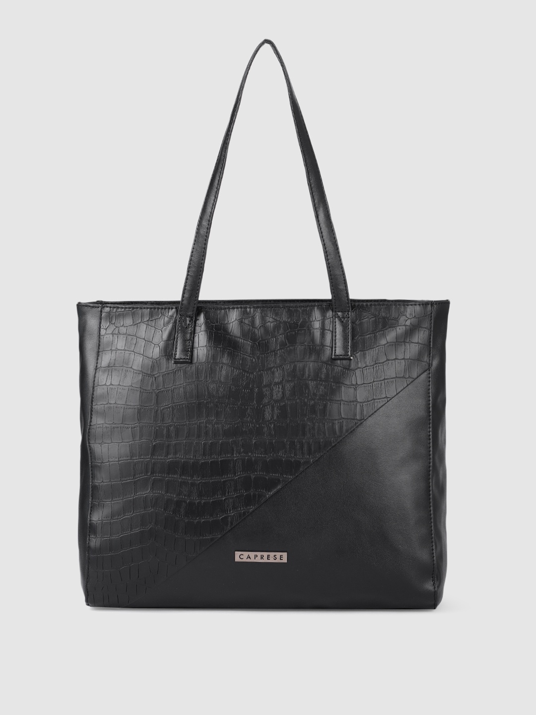 

Caprese Black Solid Leather Regular Structured Shoulder Bag with Animal Textured Detail