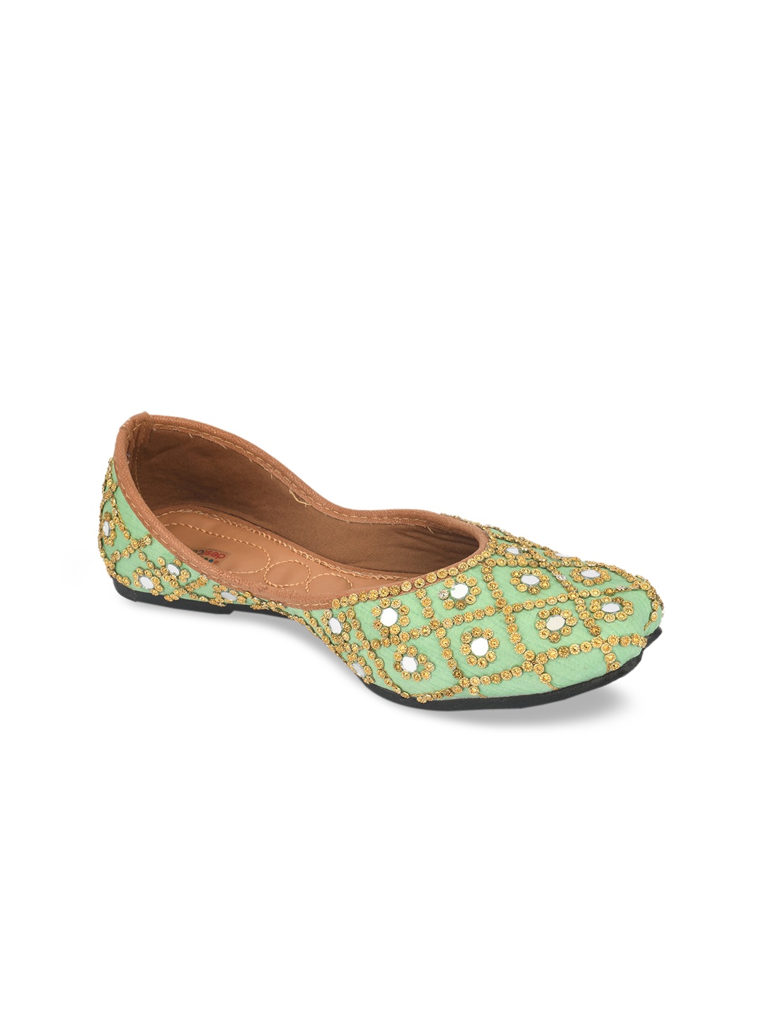 

DESI COLOUR Women Green Embellished Leather Ethnic Mojaris Flats