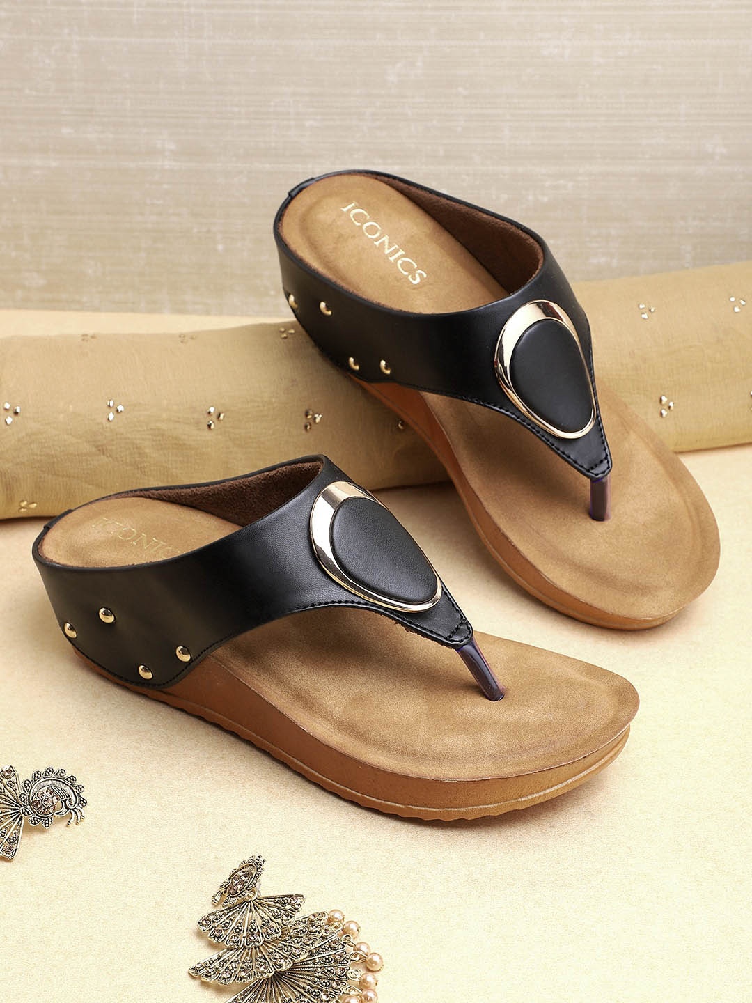 

ICONICS Women Black & Gold-Toned Embellished Comfort Sandals