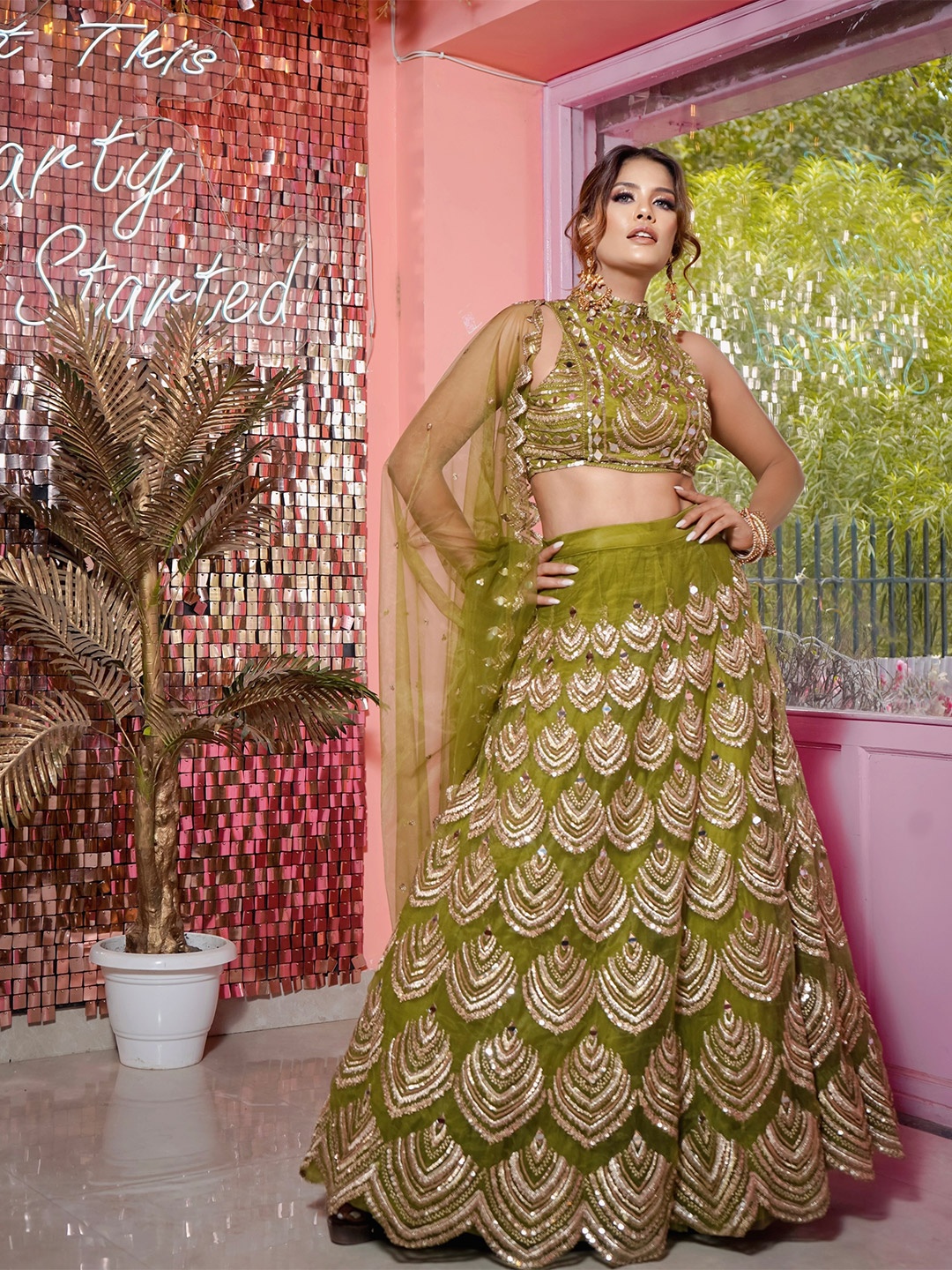 

panchhi Olive Green & Gold Embellished Mirror Work Lehenga & Blouse With Dupatta