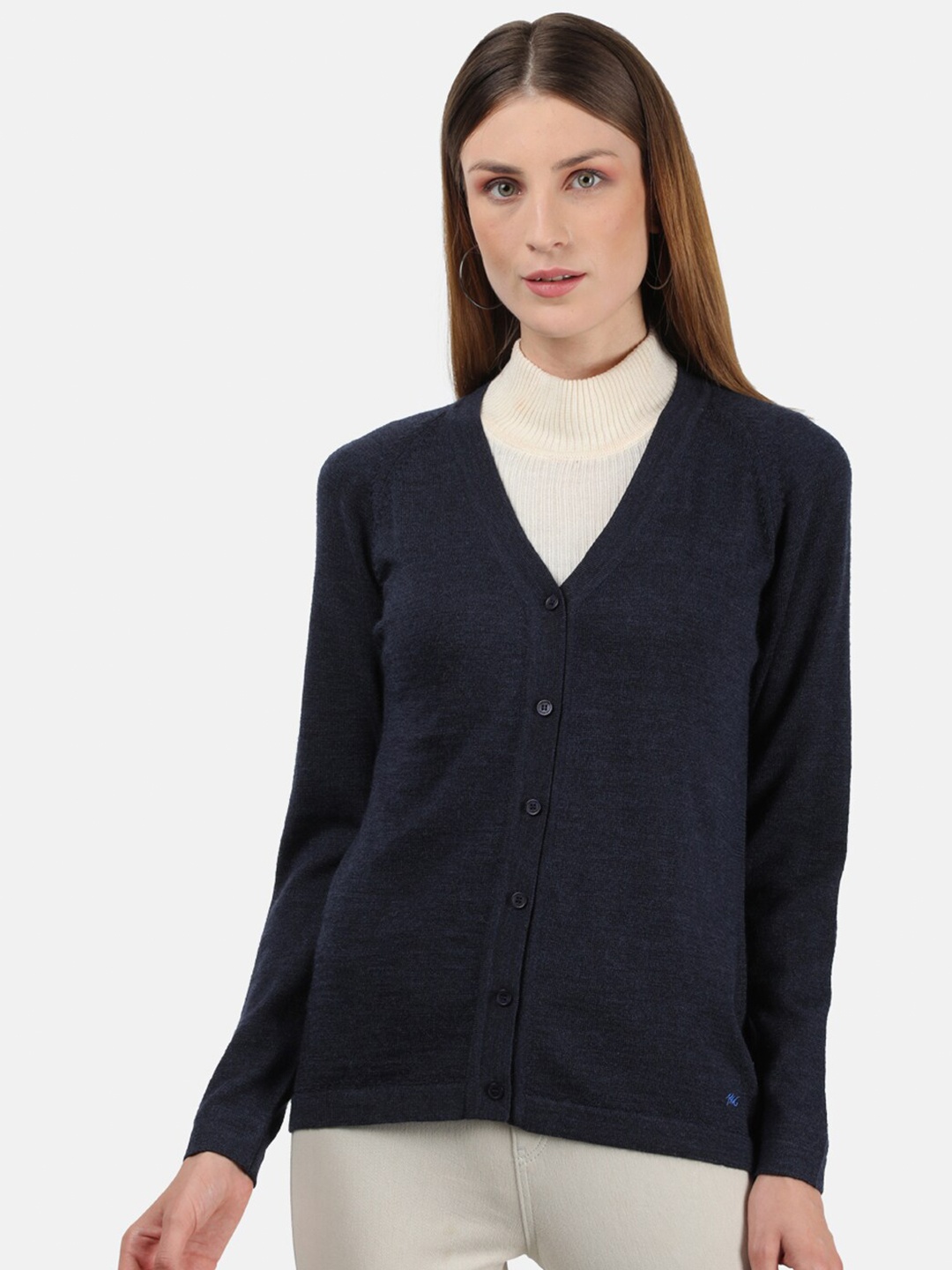 

Monte Carlo Women Navy Blue Solid Long Sleeves Woolen Cardigan Sweater
