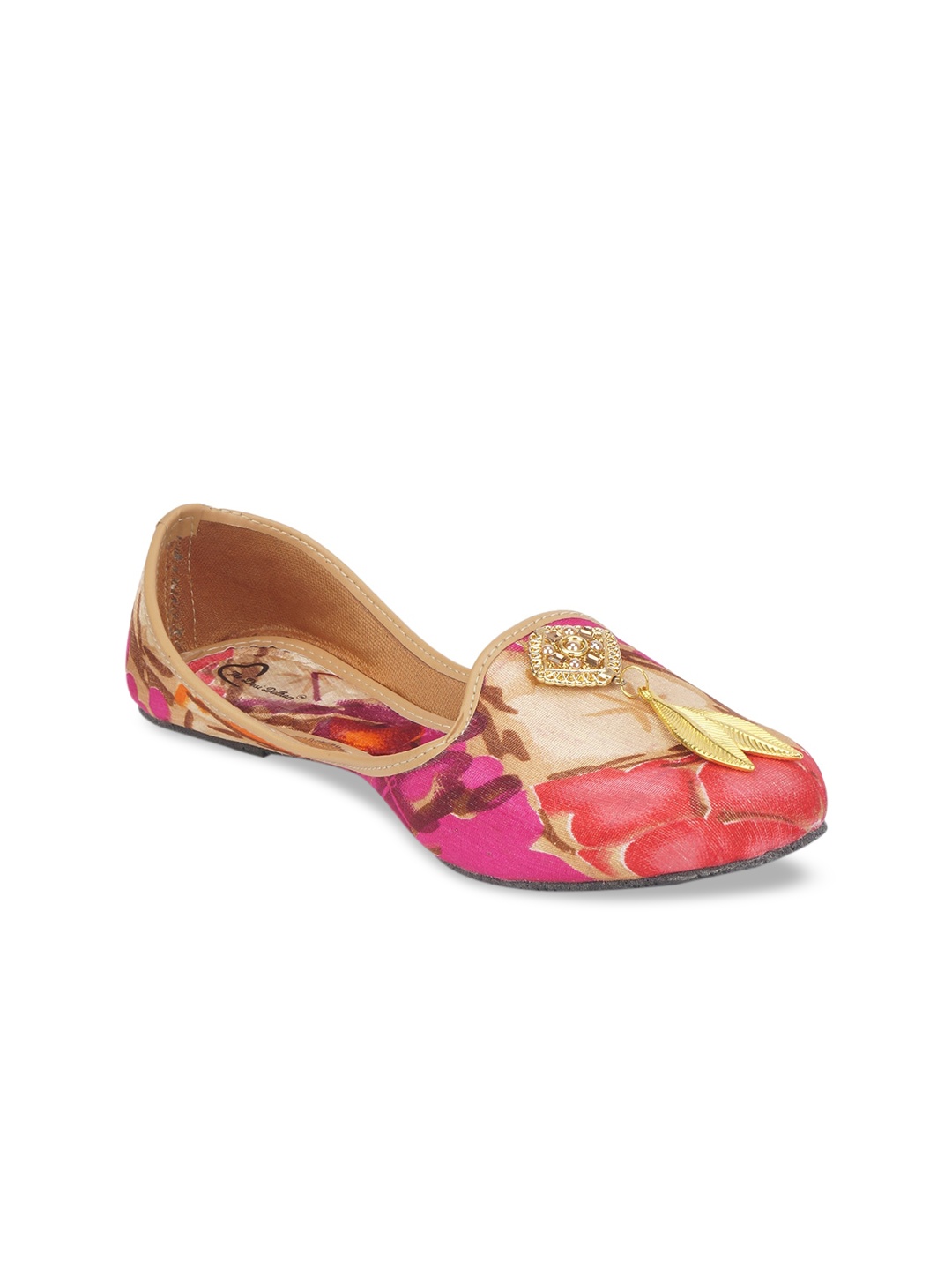 

The Desi Dulhan Women Pink Printed Leather Ethnic Mojaris Flats