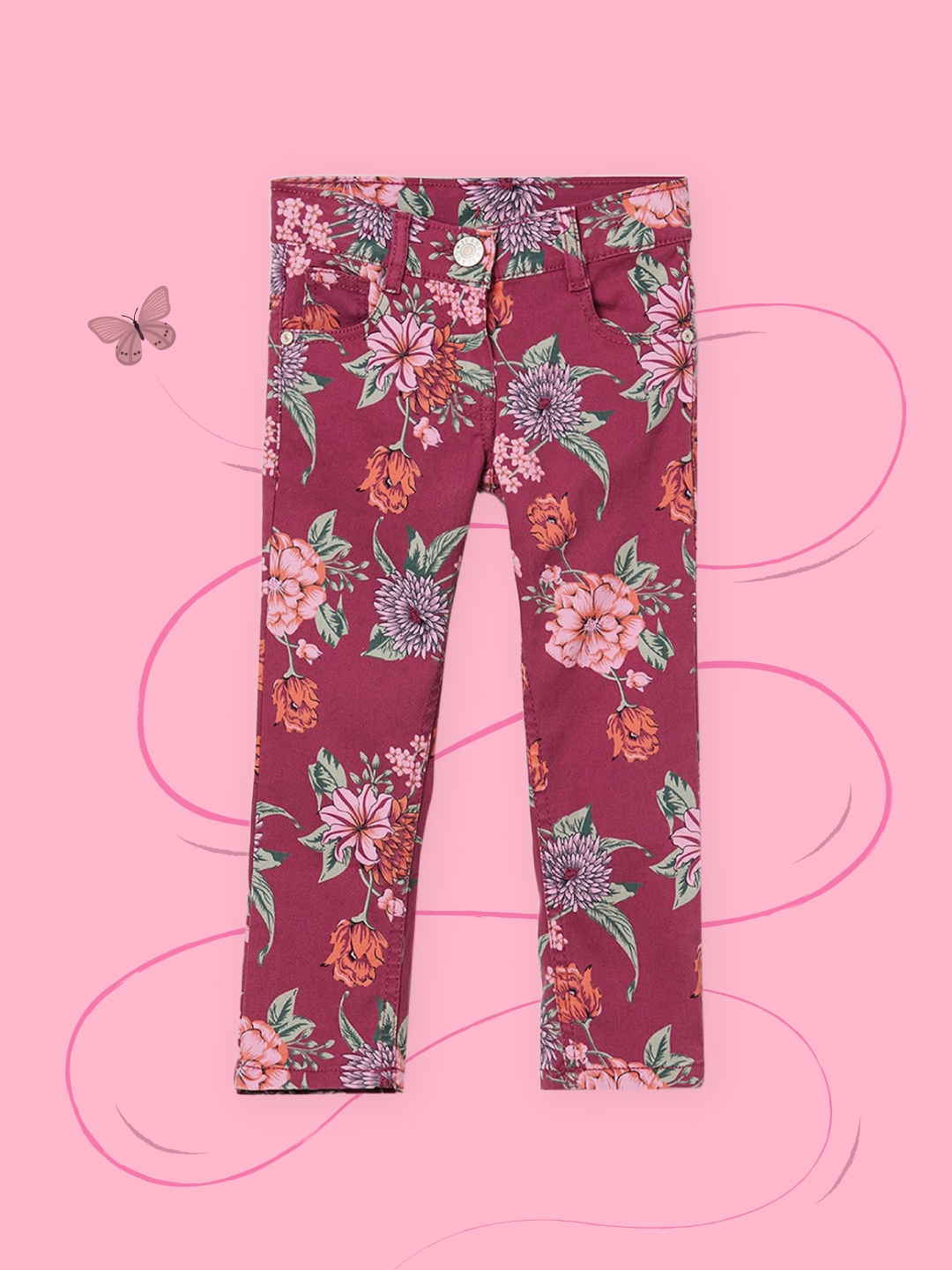 

max Girls Maroon Floral Printed Trousers