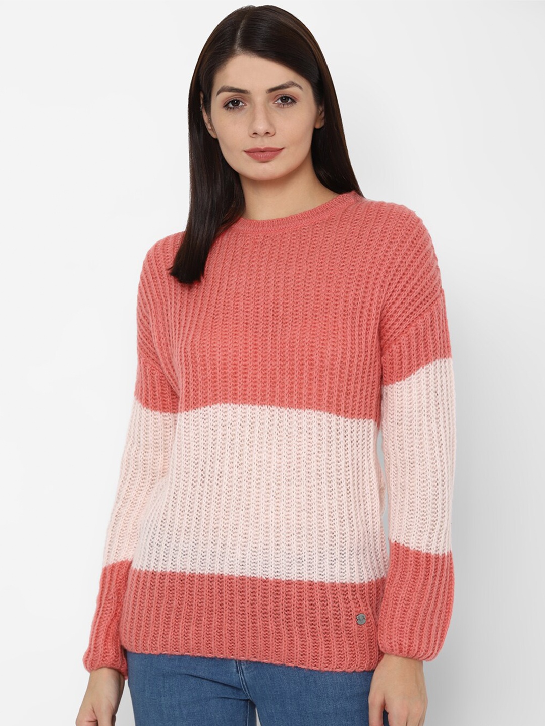 

Allen Solly Woman Women Peach-Coloured & Pink Colourblocked Pullover
