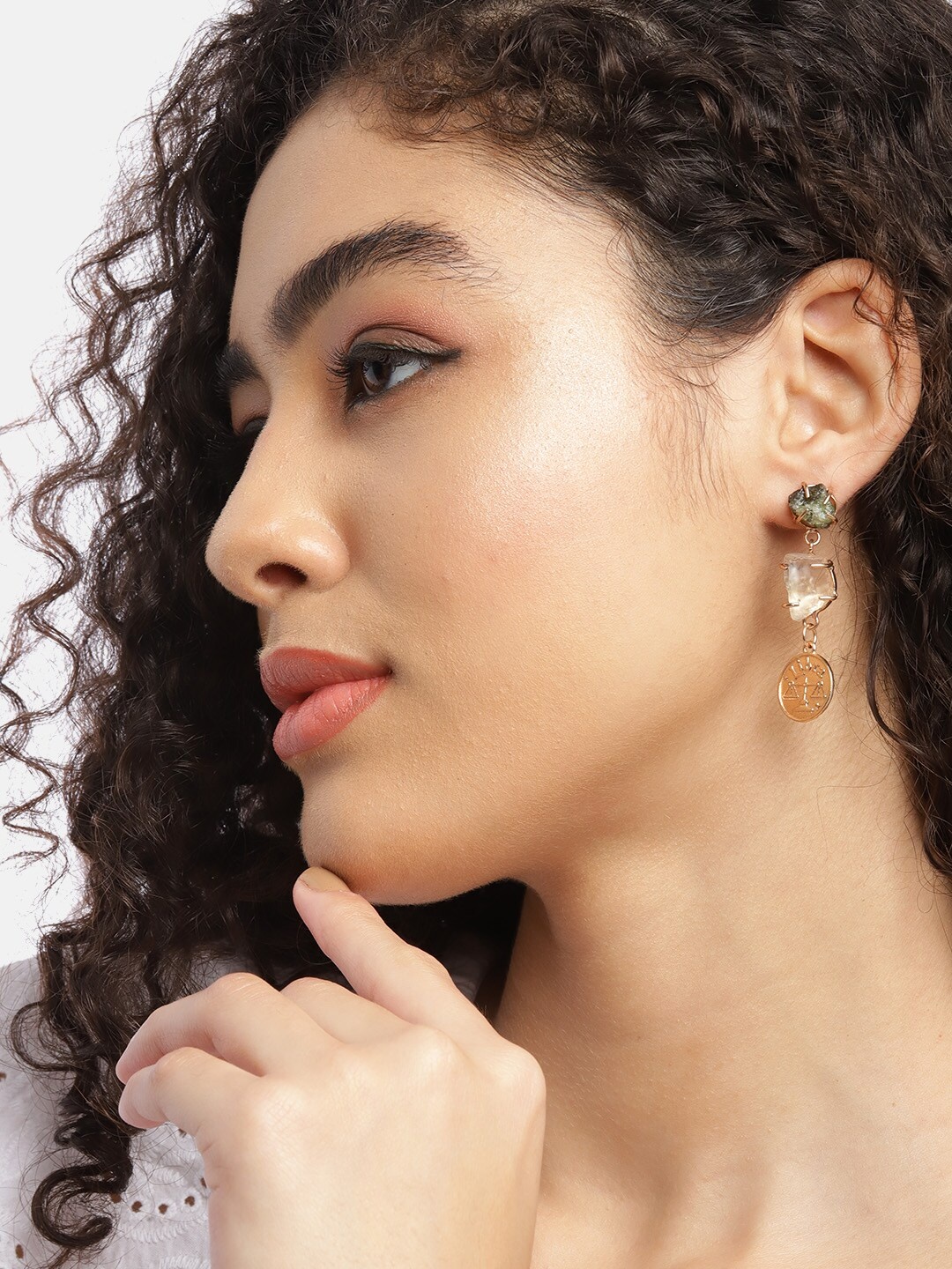

DressBerry Gold-Toned & Olive Green Stone Studded Contemporary Drop Earrings