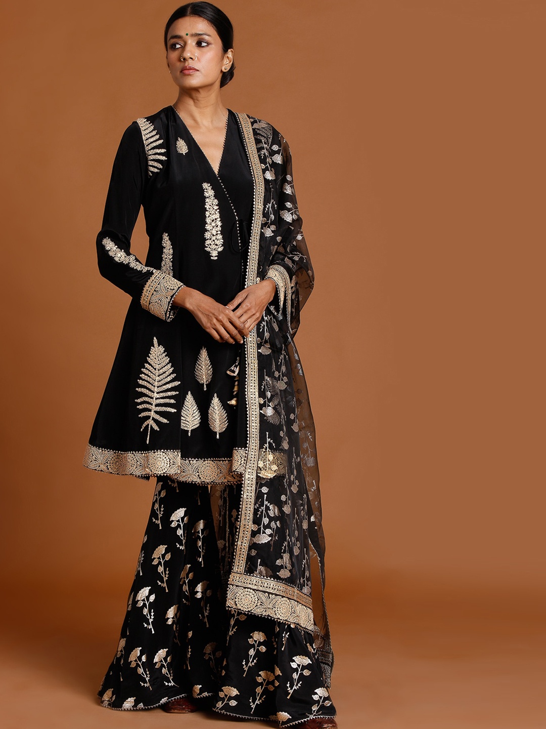 

Masaba Women Black Ethnic Motifs Embroidered Kurta with Sharara & With Dupatta