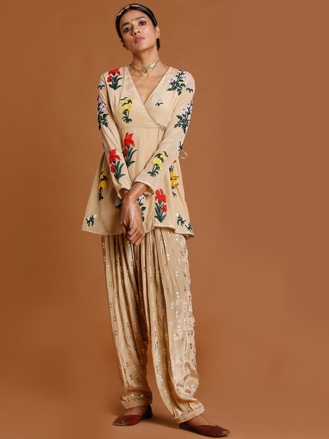 

Masaba Women Beige Floral Embroidered Angrakha Kurti with Dhoti Pants