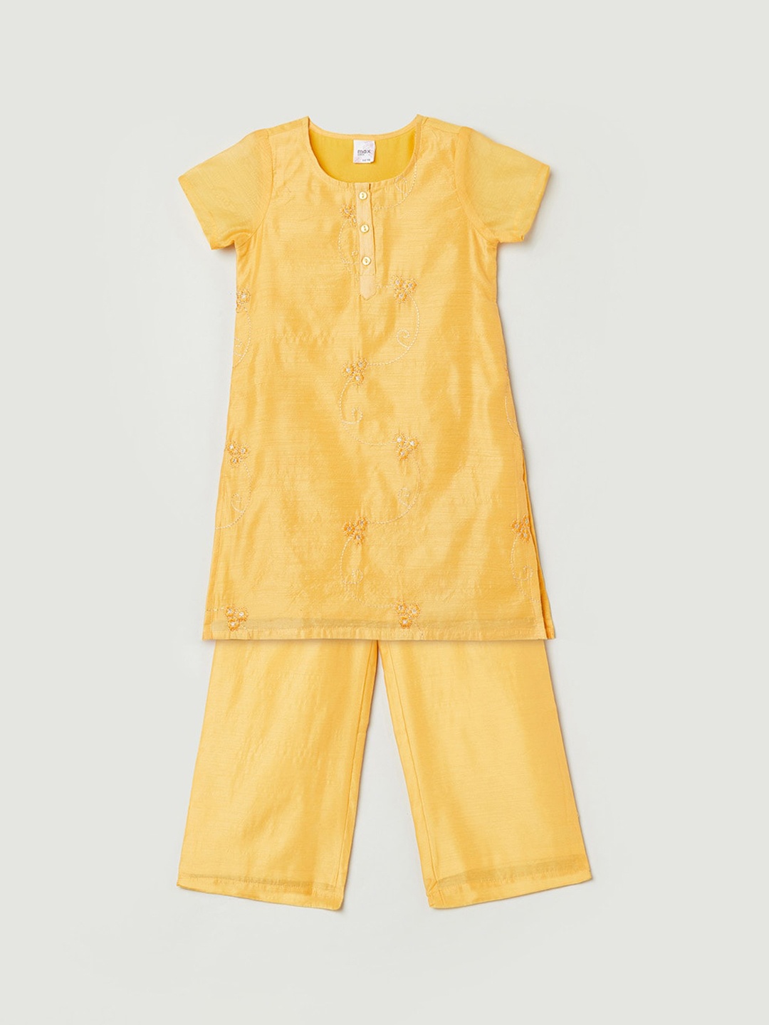 

max Girls Yellow Embroidered Angrakha Kurta Set