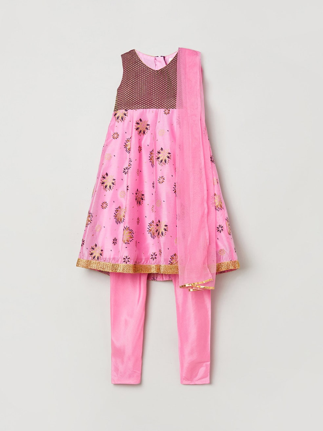 

max Girls Pink Floral Printed Empire Kurta with Churidar & With Dupatta
