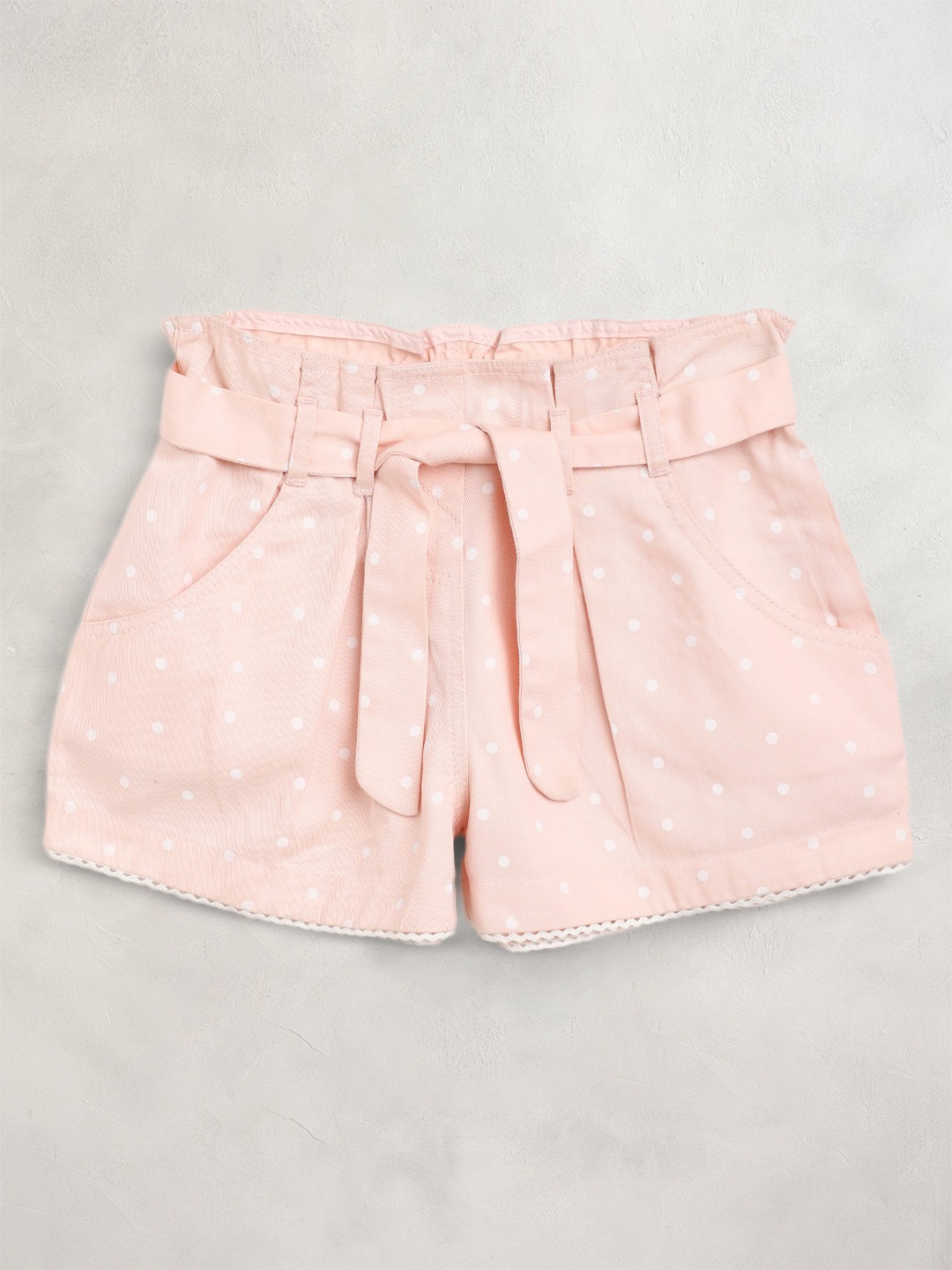 

Cherry Crumble Girls Peach-Coloured & White Cotton Polka Dots Print Shorts with Belt