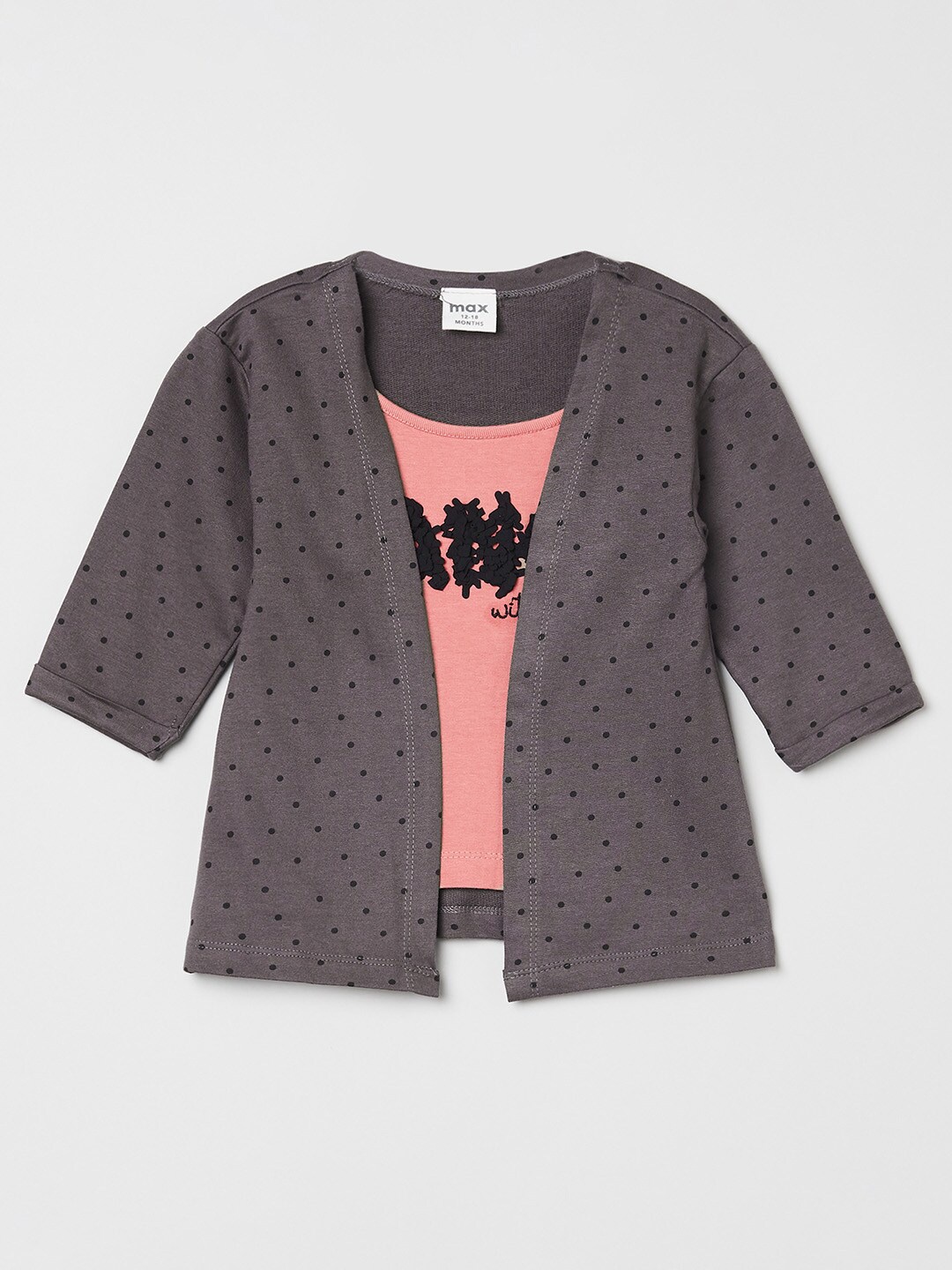 

max Kids Girls Grey & Peach-Coloured Pure Cotton Printed Top with Attached Shrug