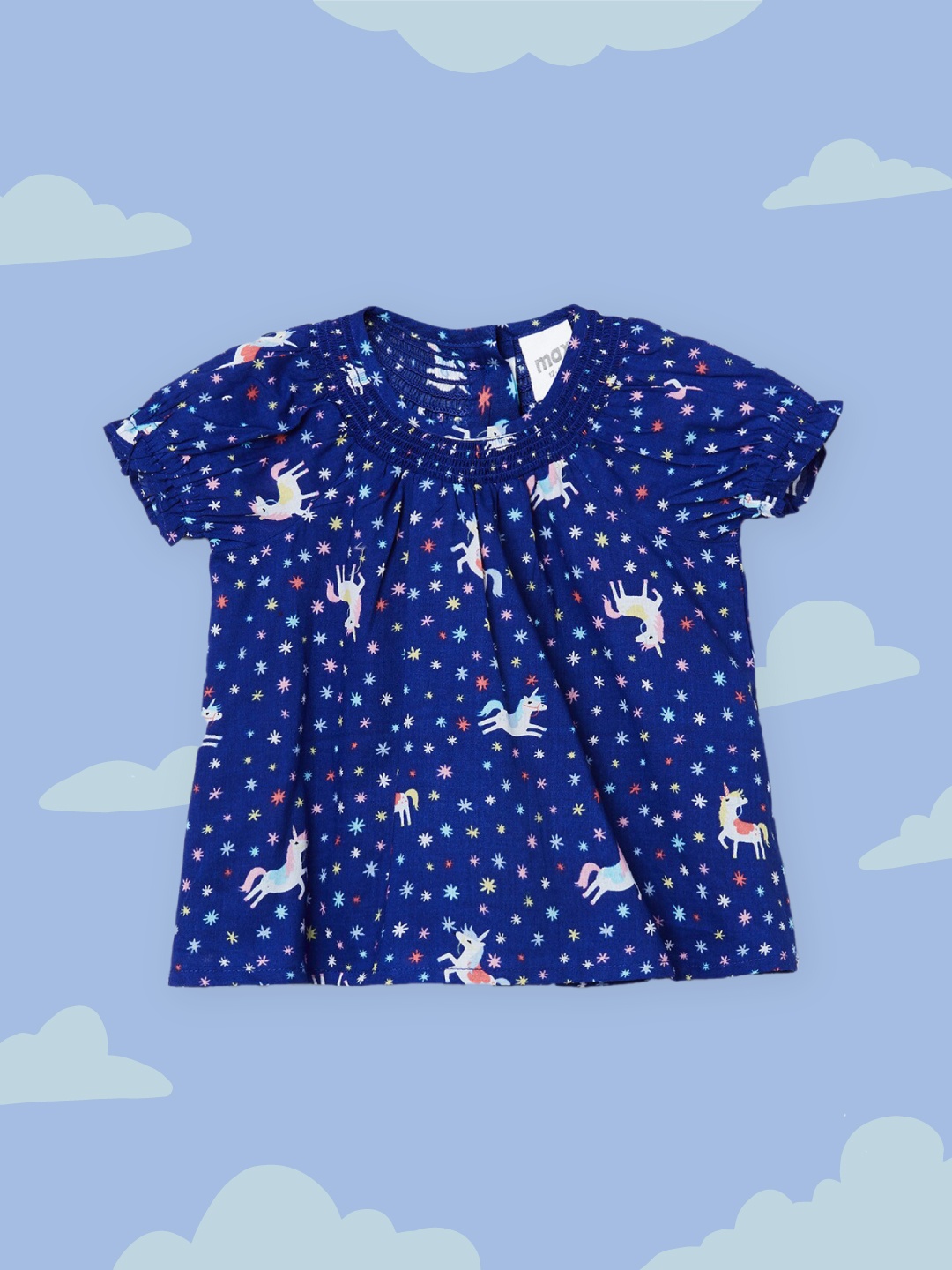 

max Blue Pure Cotton Printed Puff Sleeve A-Line Top
