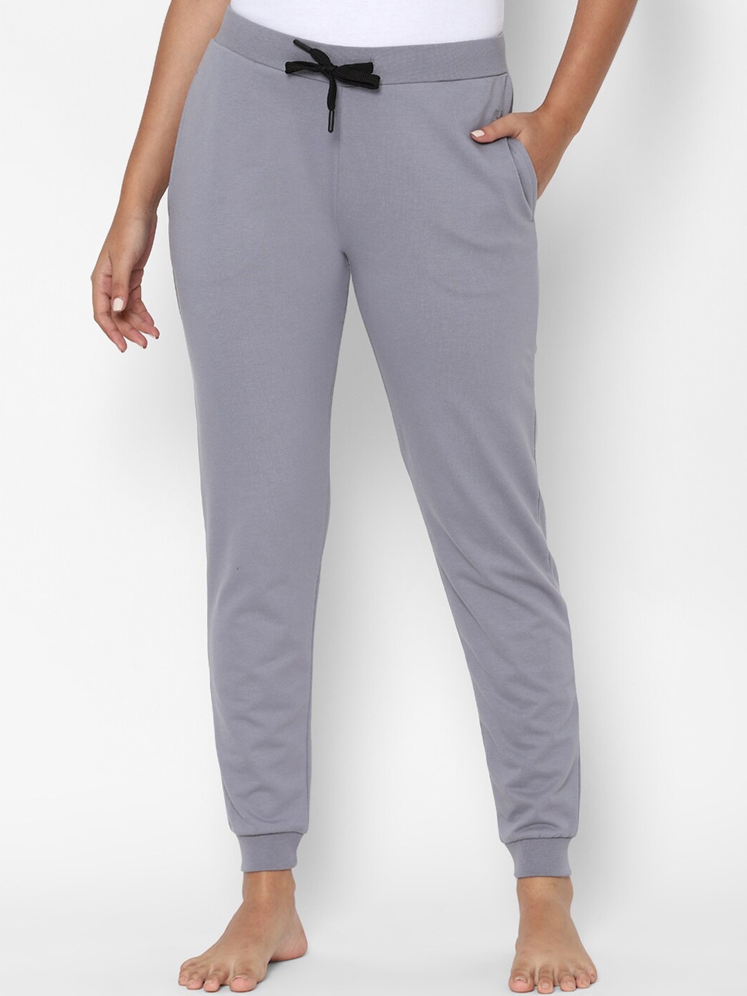 

ALLEN SOLLY Woman Grey Solid Pure Cotton Slim-Fit Lounge Joggers
