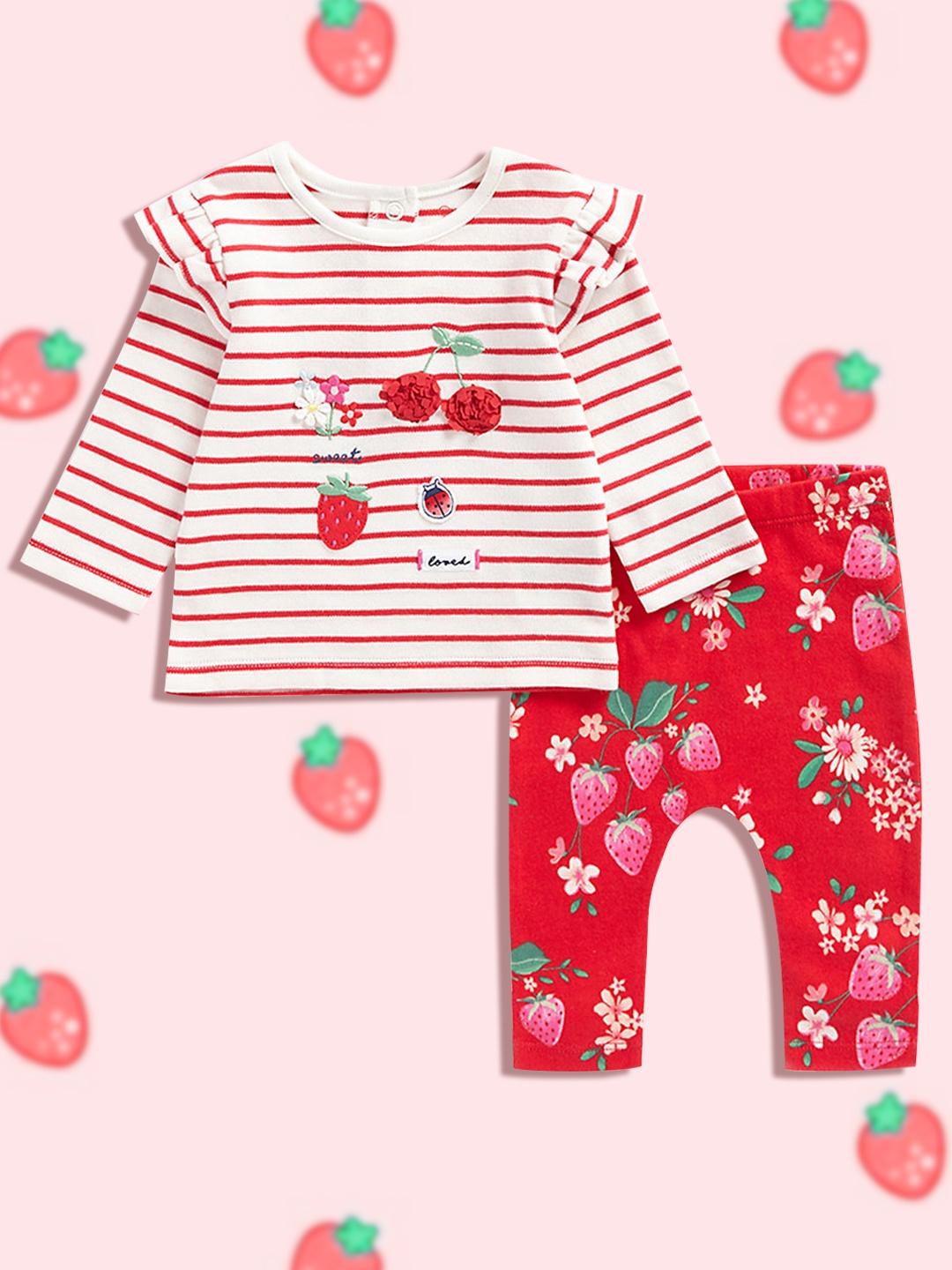 

mothercare Infant Girls Red & White Printed Pure Cotton T-shirt With Pyjamas Set