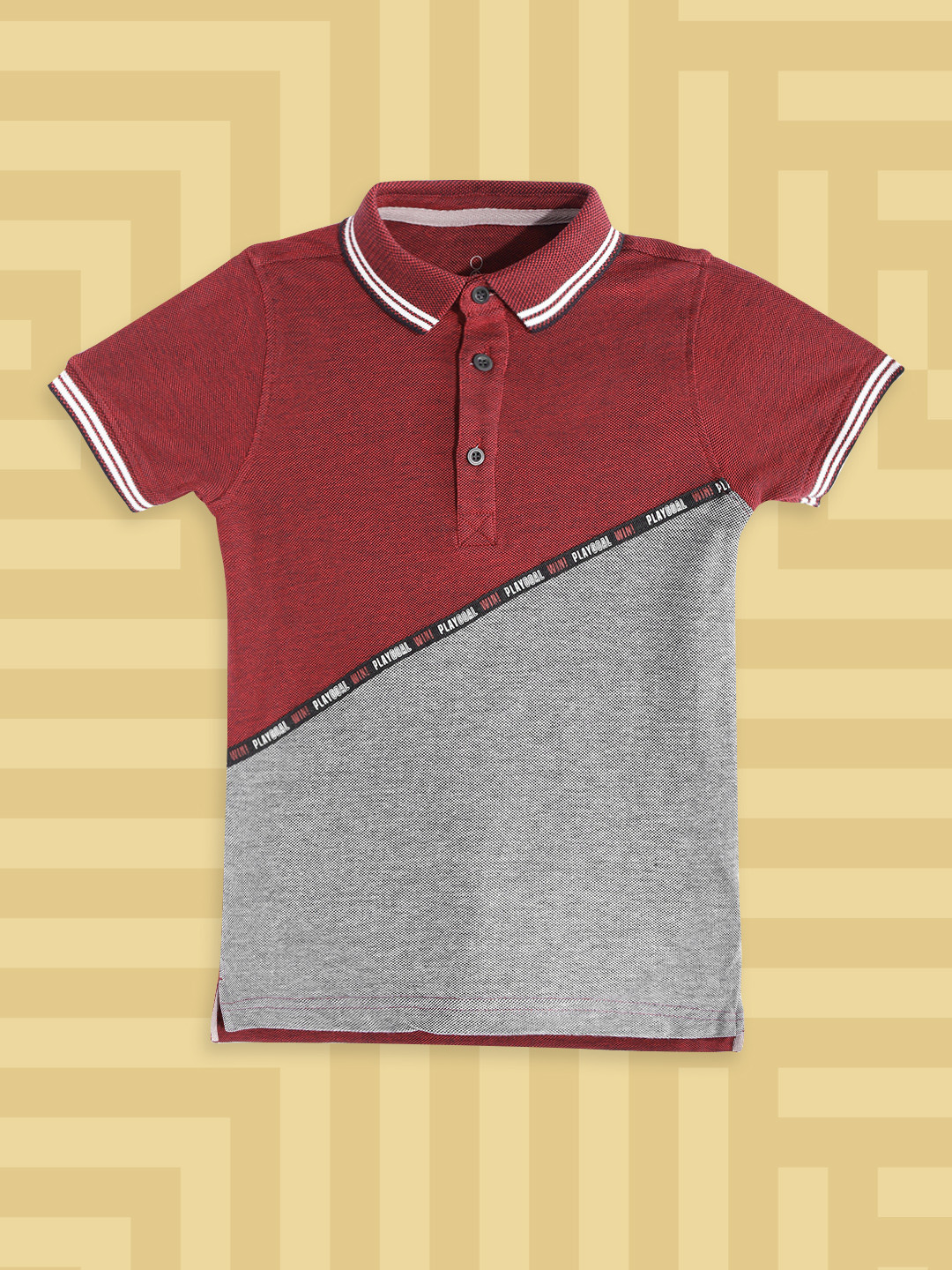 

mothercare Boys Maroon & Grey Pure Cotton Colourblocked Polo Collar T-shirt