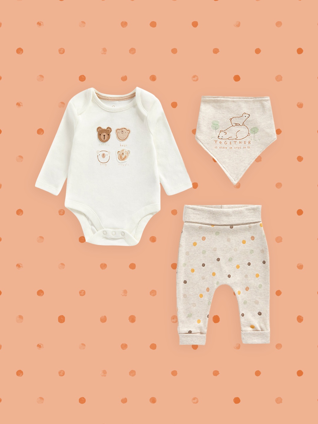 

mothercare Infants Off-White & Beige Printed Bodysuit with Pyjamas and Bib