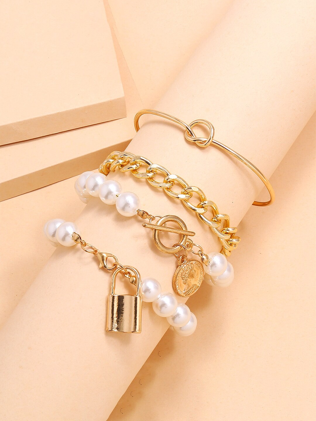 

Yellow Chimes Women Set of 4 White Gold-Plated Adjustable Stackable Link Bracelet