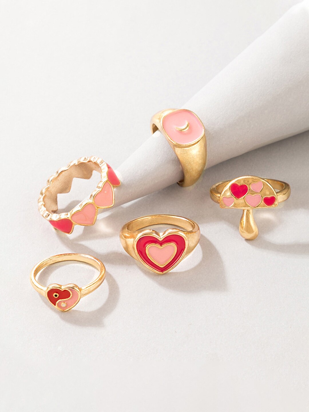 

Yellow Chimes Set Of 5 Gold-Plated Pink Enameled Finger Ring