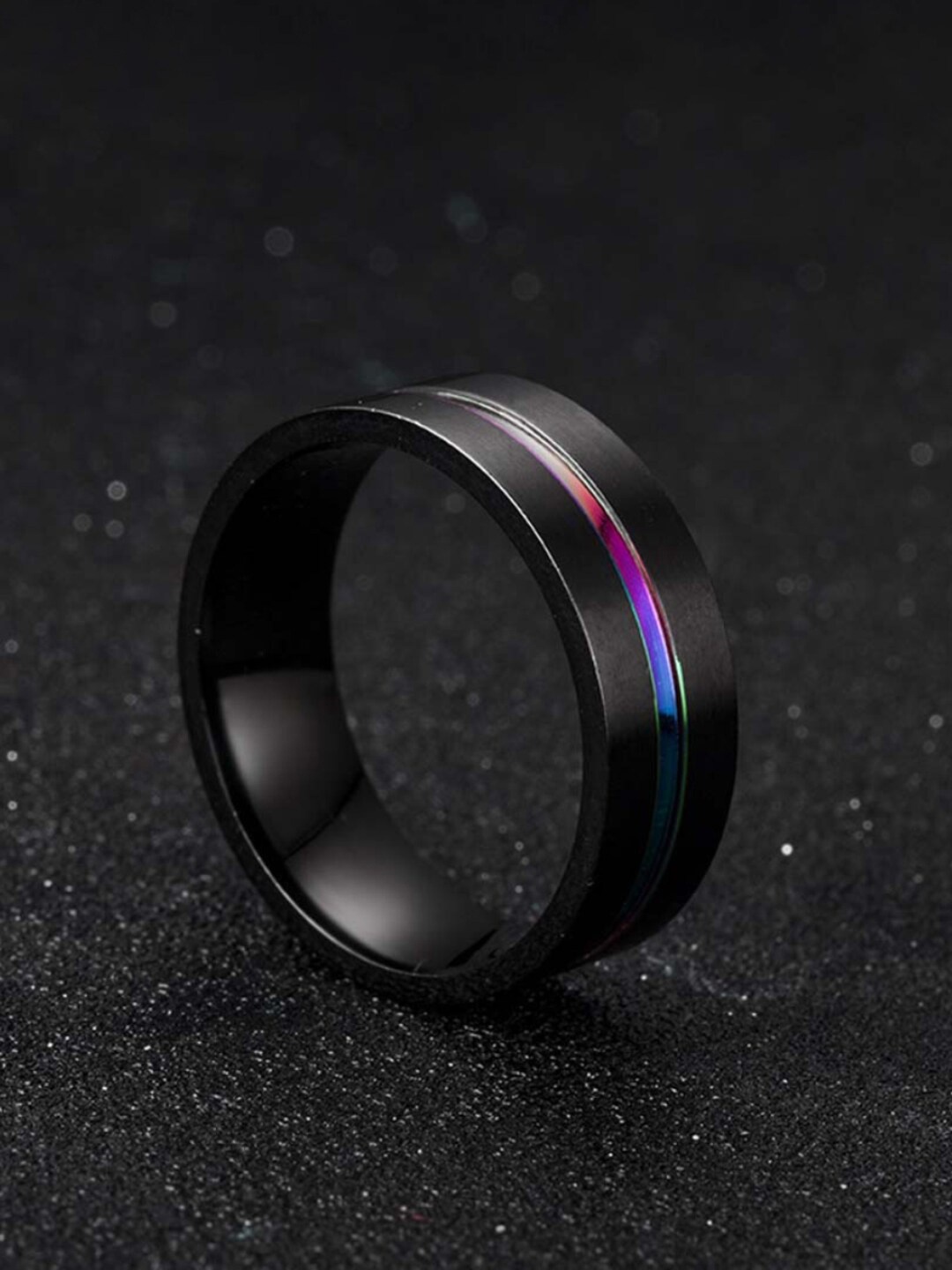 

Yellow Chimes Men Black Classic Grooved Centre Band Ring