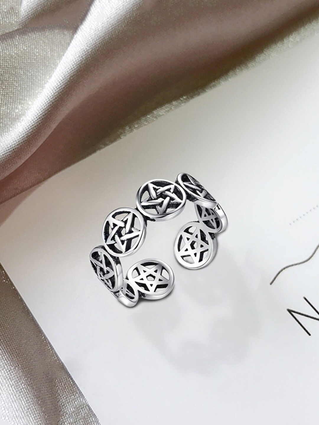 

Yellow Chimes Silver Toned & Black Pentacle Pentagram Star Finger Ring